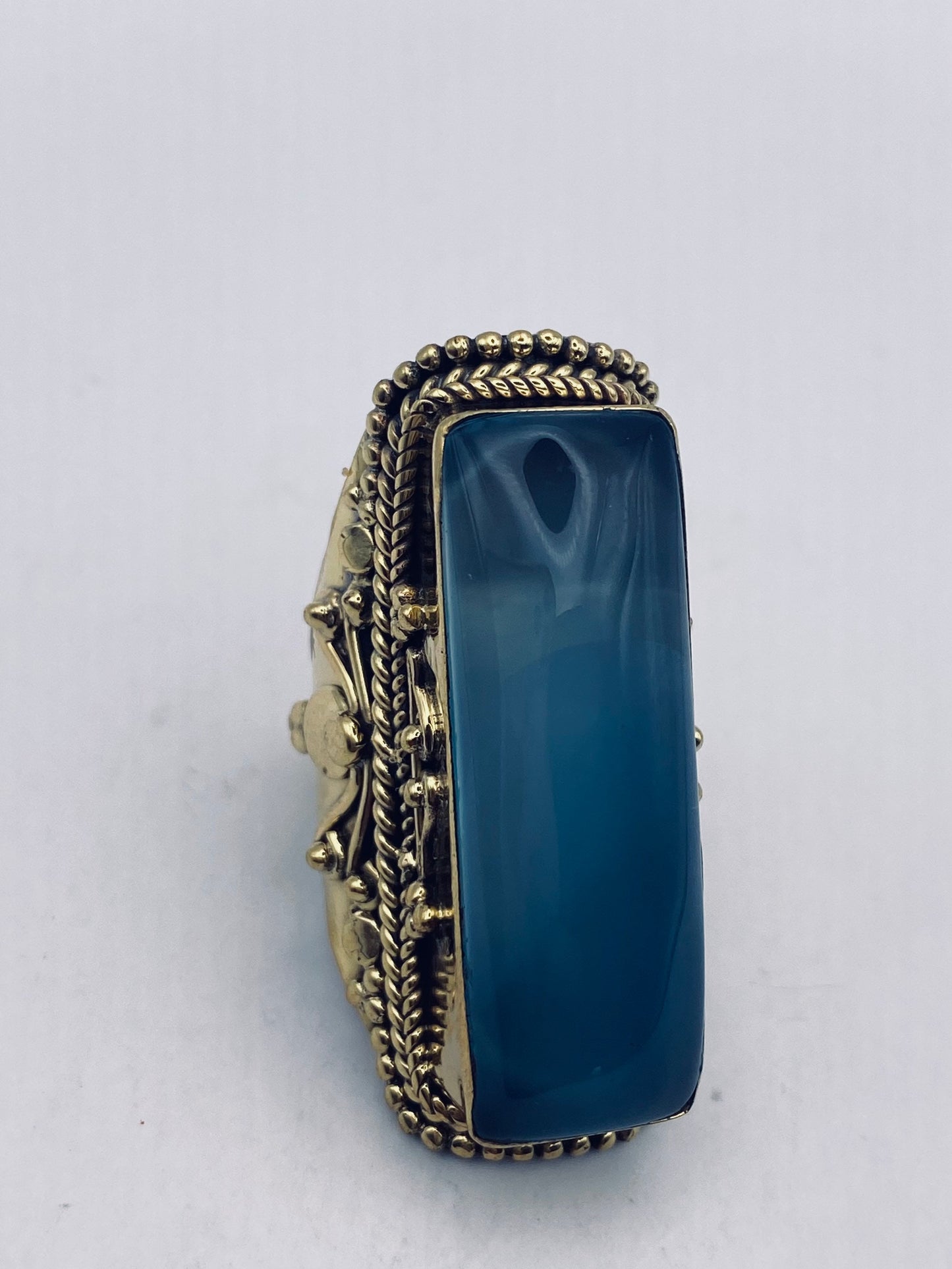 Vintage Blue Chalcedony gold bronze Ring Statement Cocktail Size 8.5