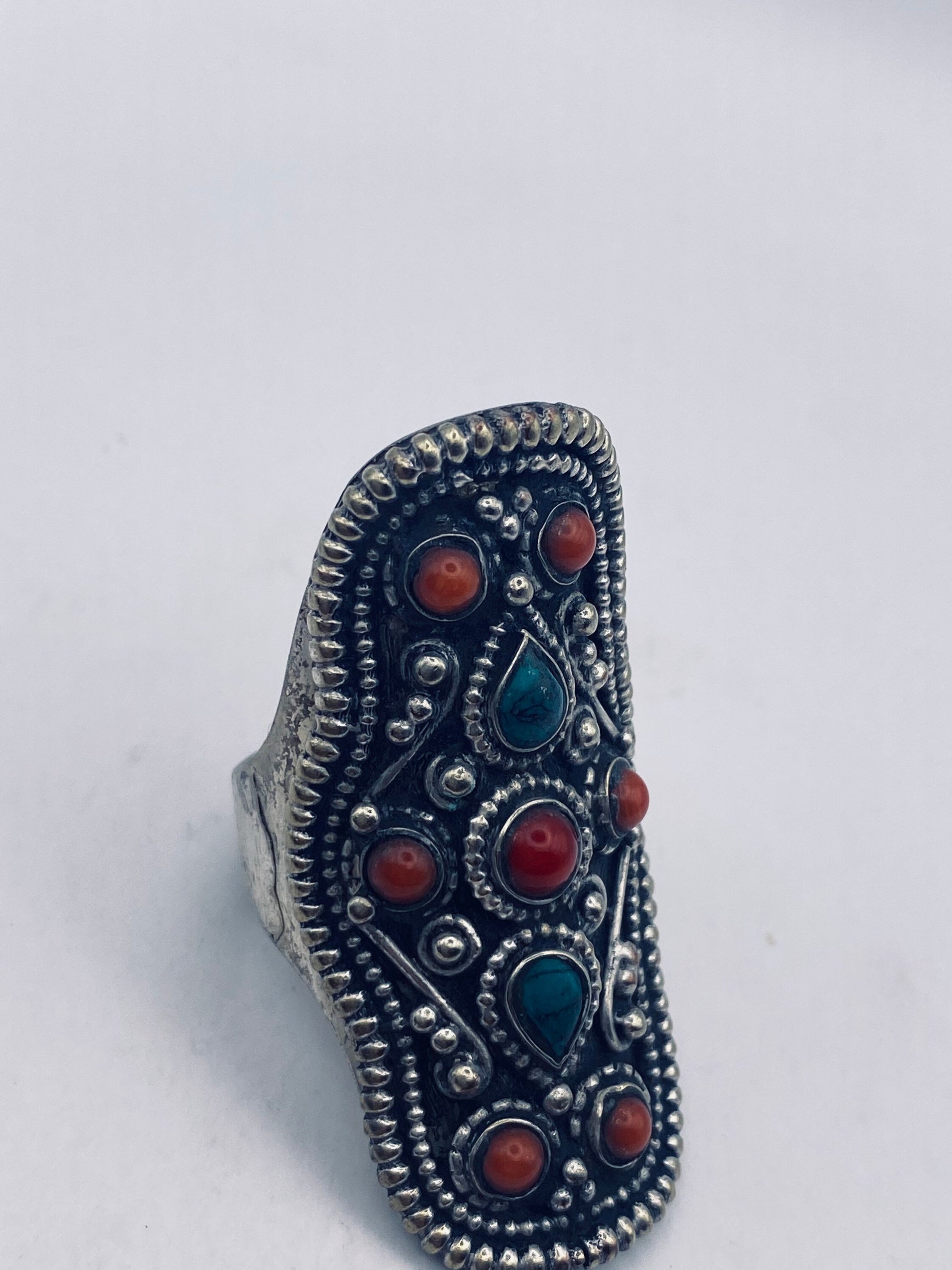 Vintage Green Genuine Turquoise red coral Ring