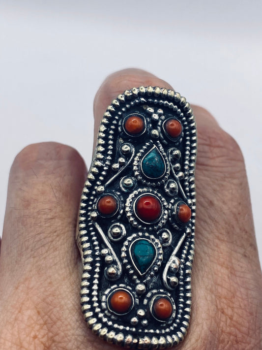 Vintage Green Genuine Turquoise red coral Ring