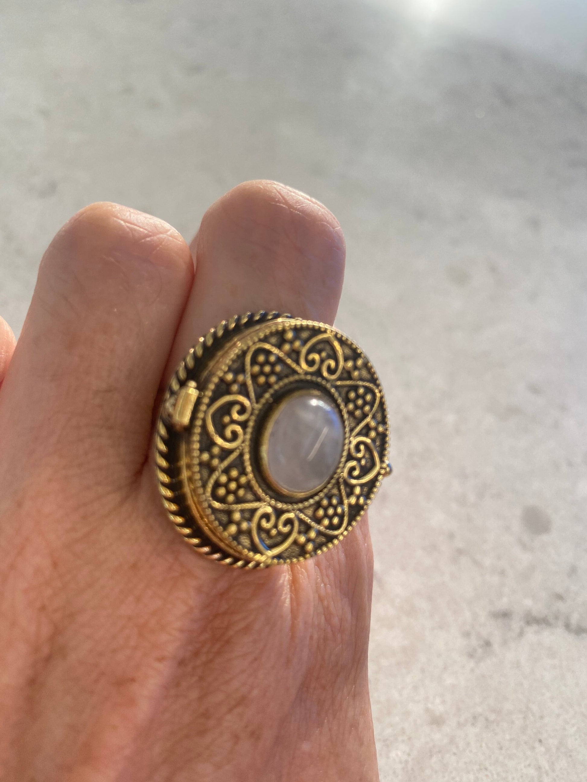 Vintage Rainbow Moonstone Brass Poison Pillbox Ring