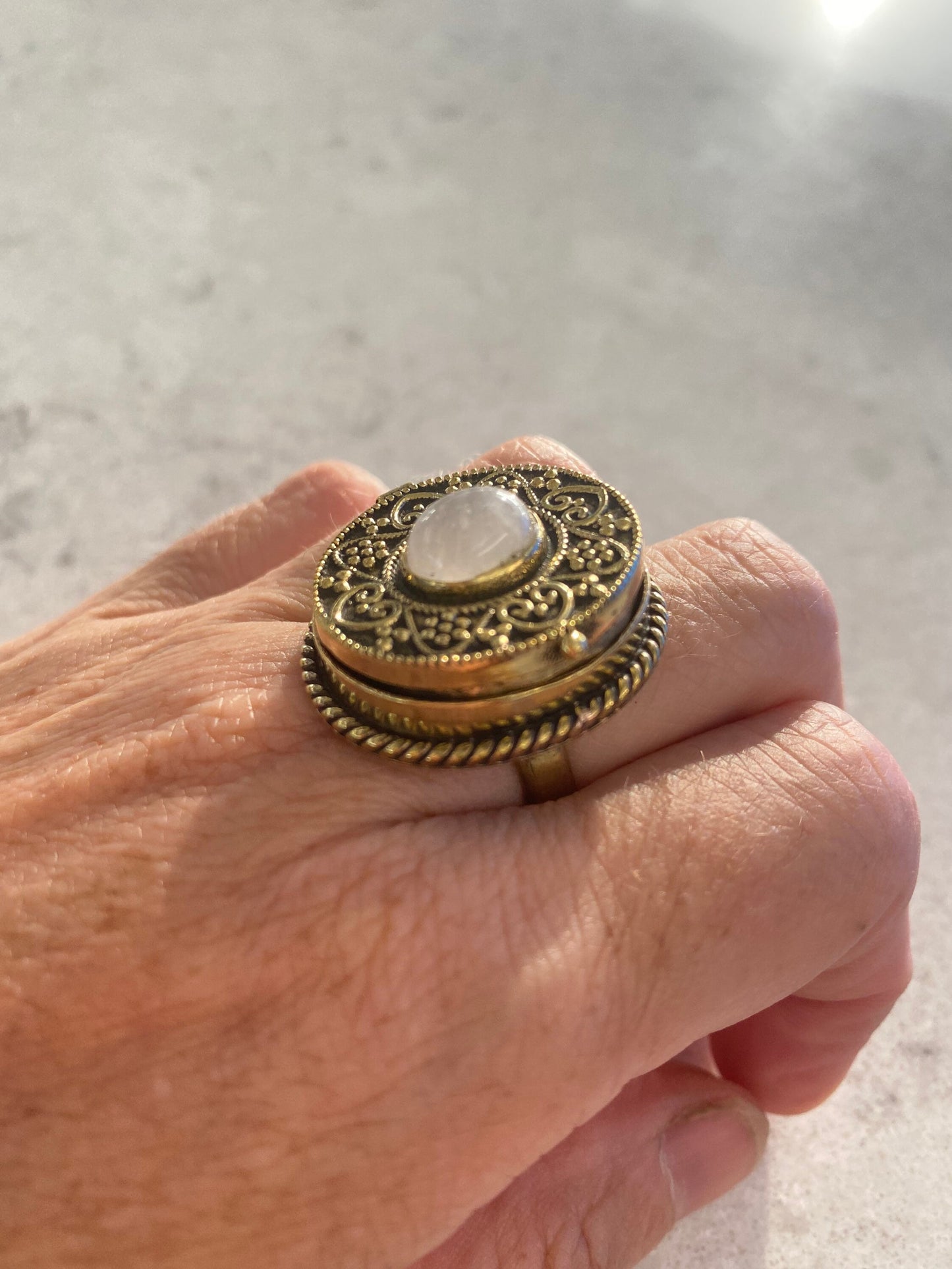 Vintage Rainbow Moonstone Brass Poison Pillbox Ring