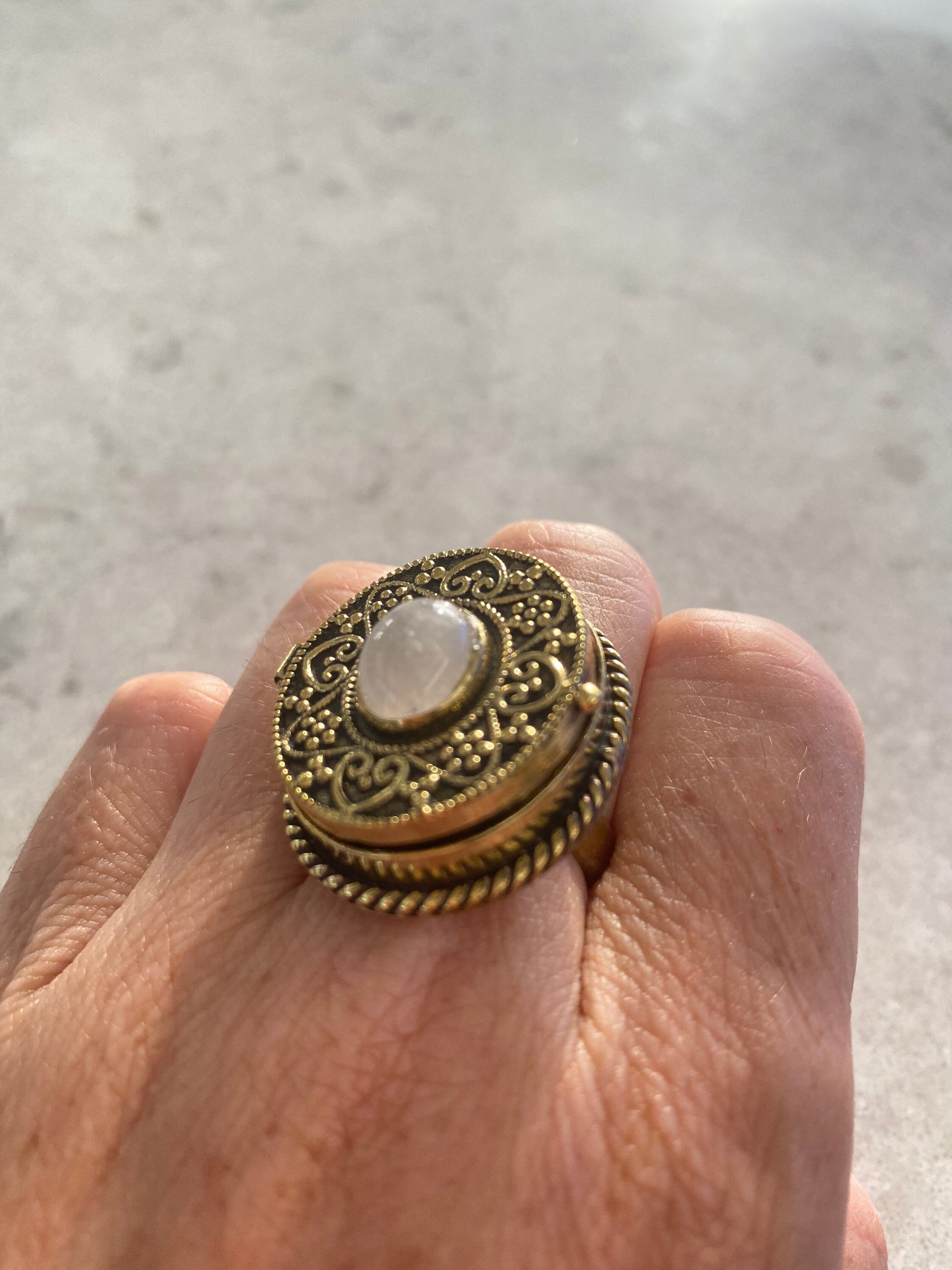 Vintage Rainbow Moonstone Brass Poison Pillbox Ring