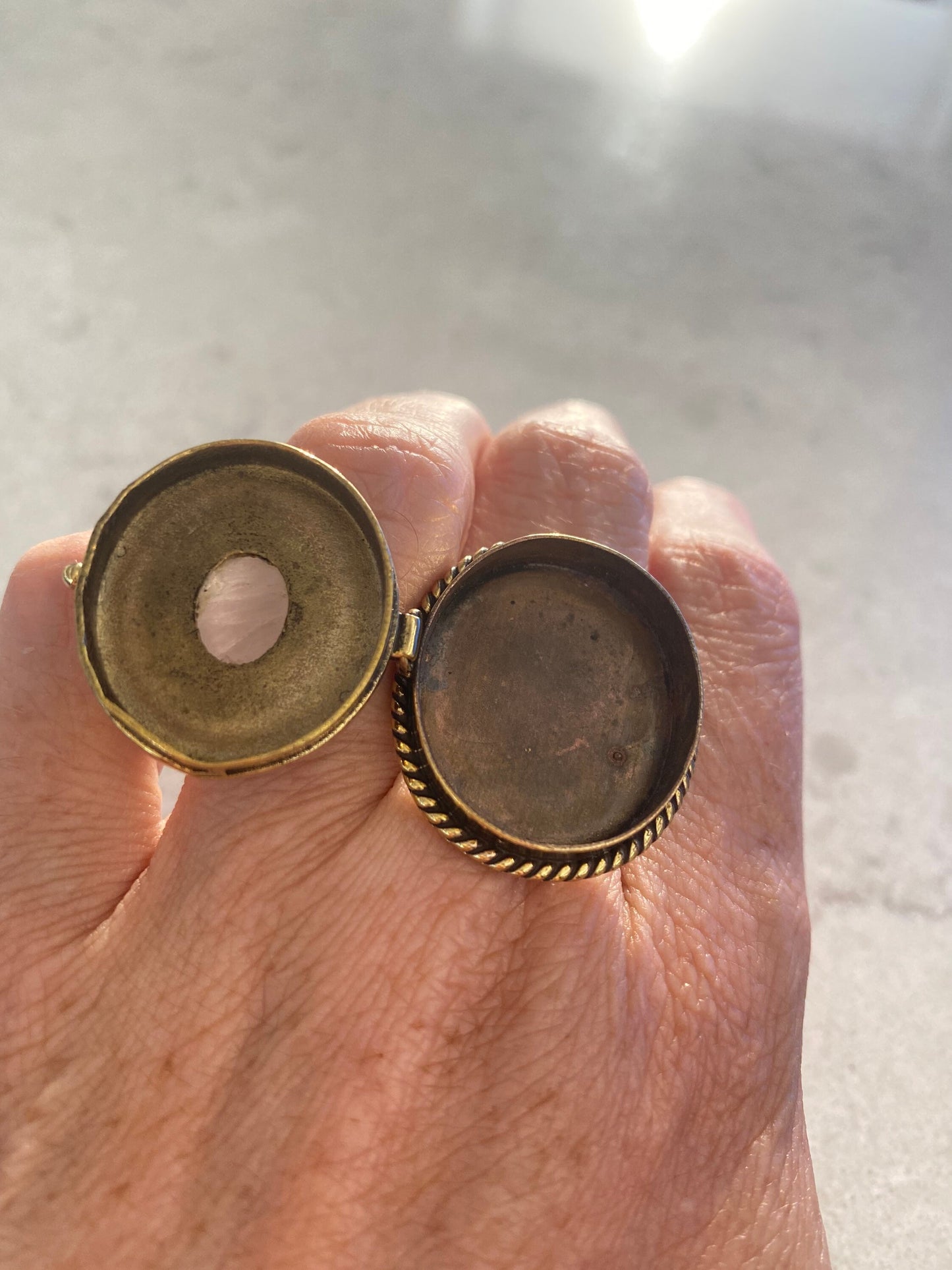 Vintage Rainbow Moonstone Brass Poison Pillbox Ring