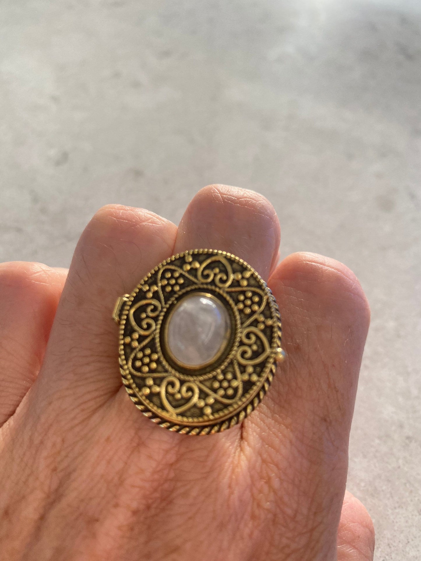 Vintage Rainbow Moonstone Brass Poison Pillbox Ring