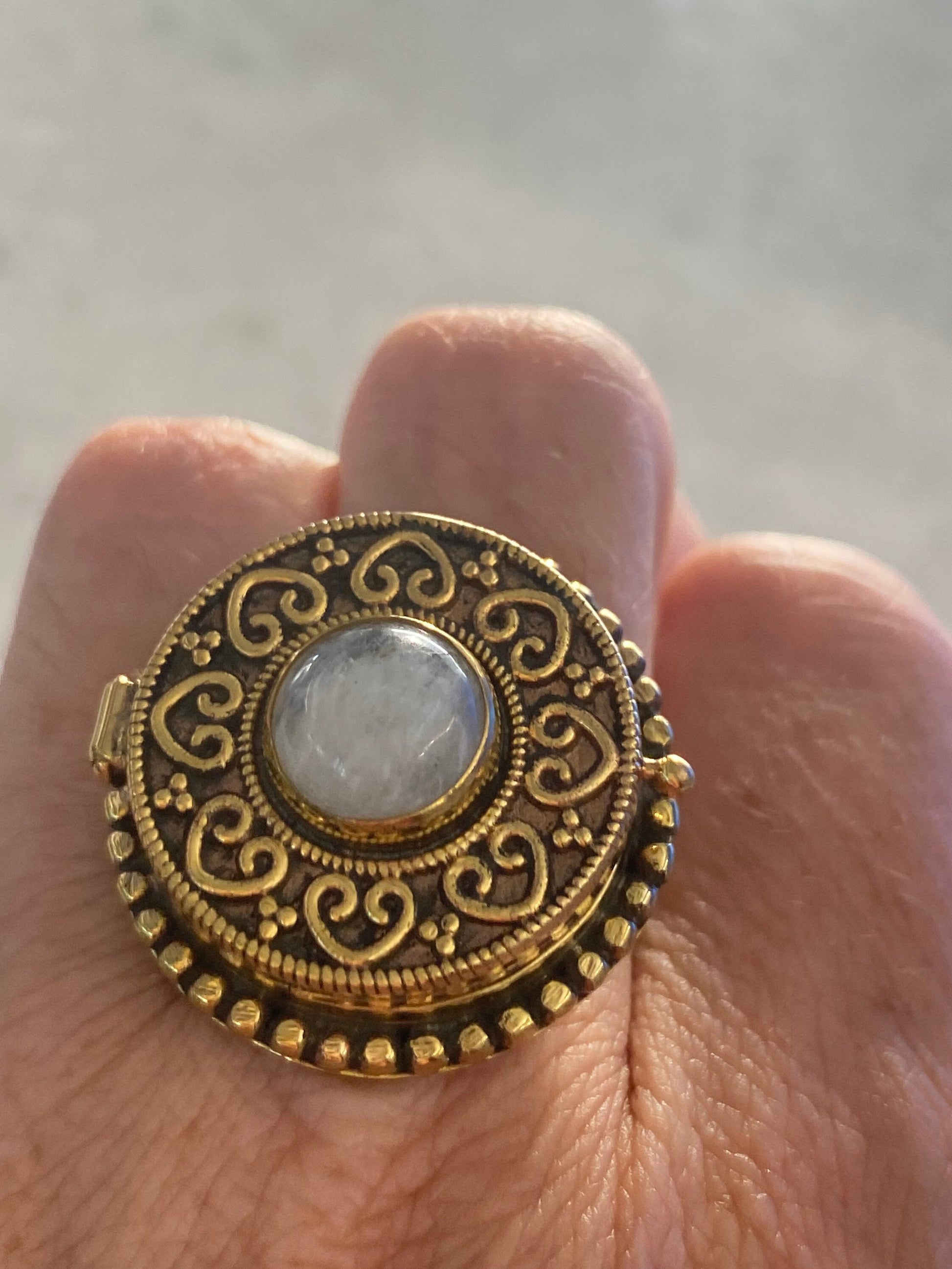 Vintage Rainbow Moonstone Brass Poison Pillbox Ring