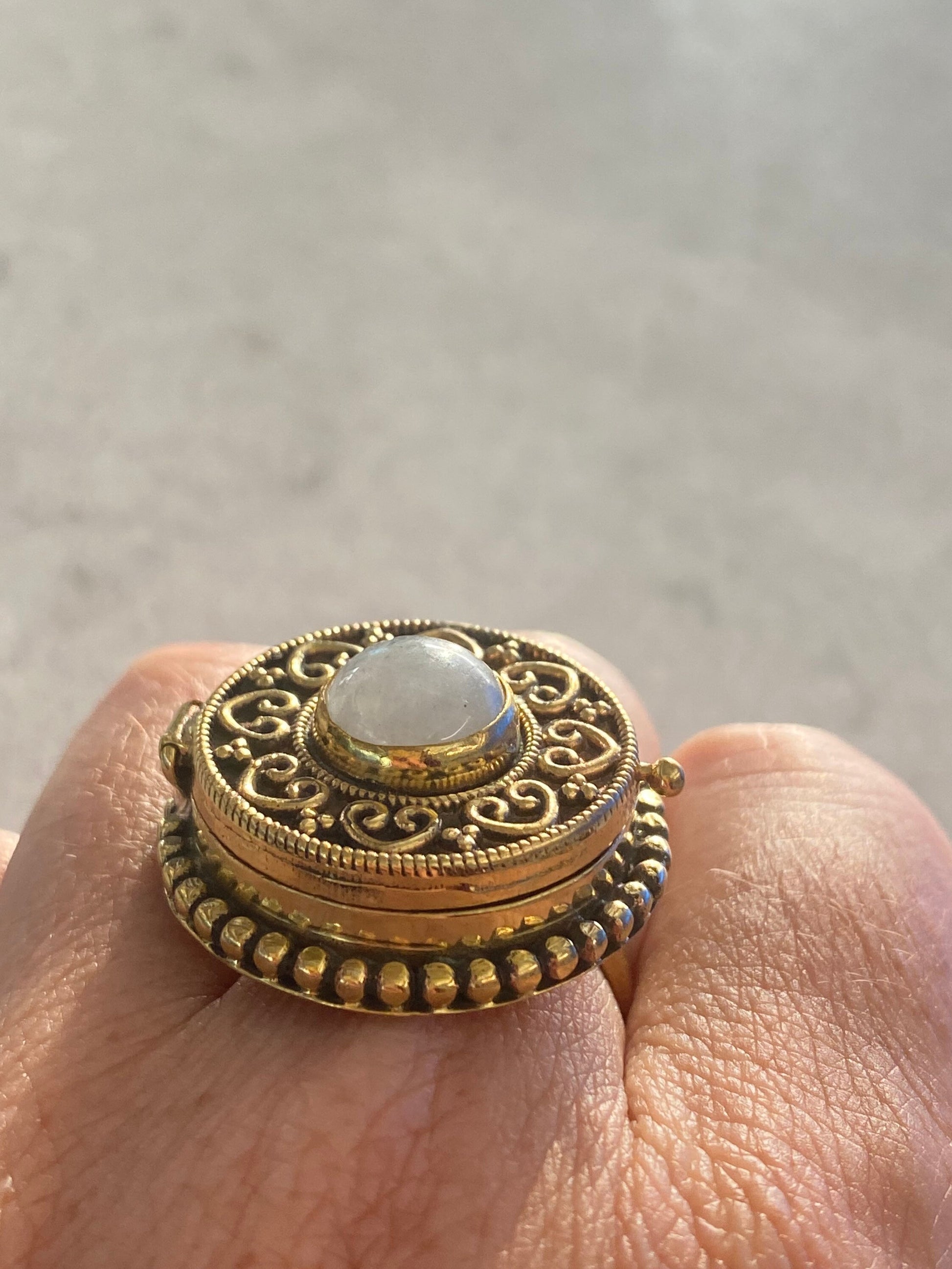 Vintage Rainbow Moonstone Brass Poison Pillbox Ring