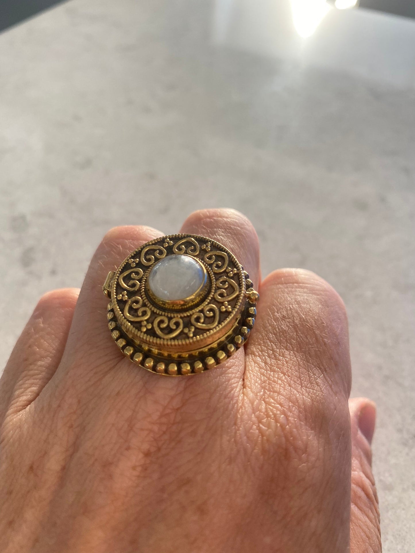 Vintage Rainbow Moonstone Brass Poison Pillbox Ring