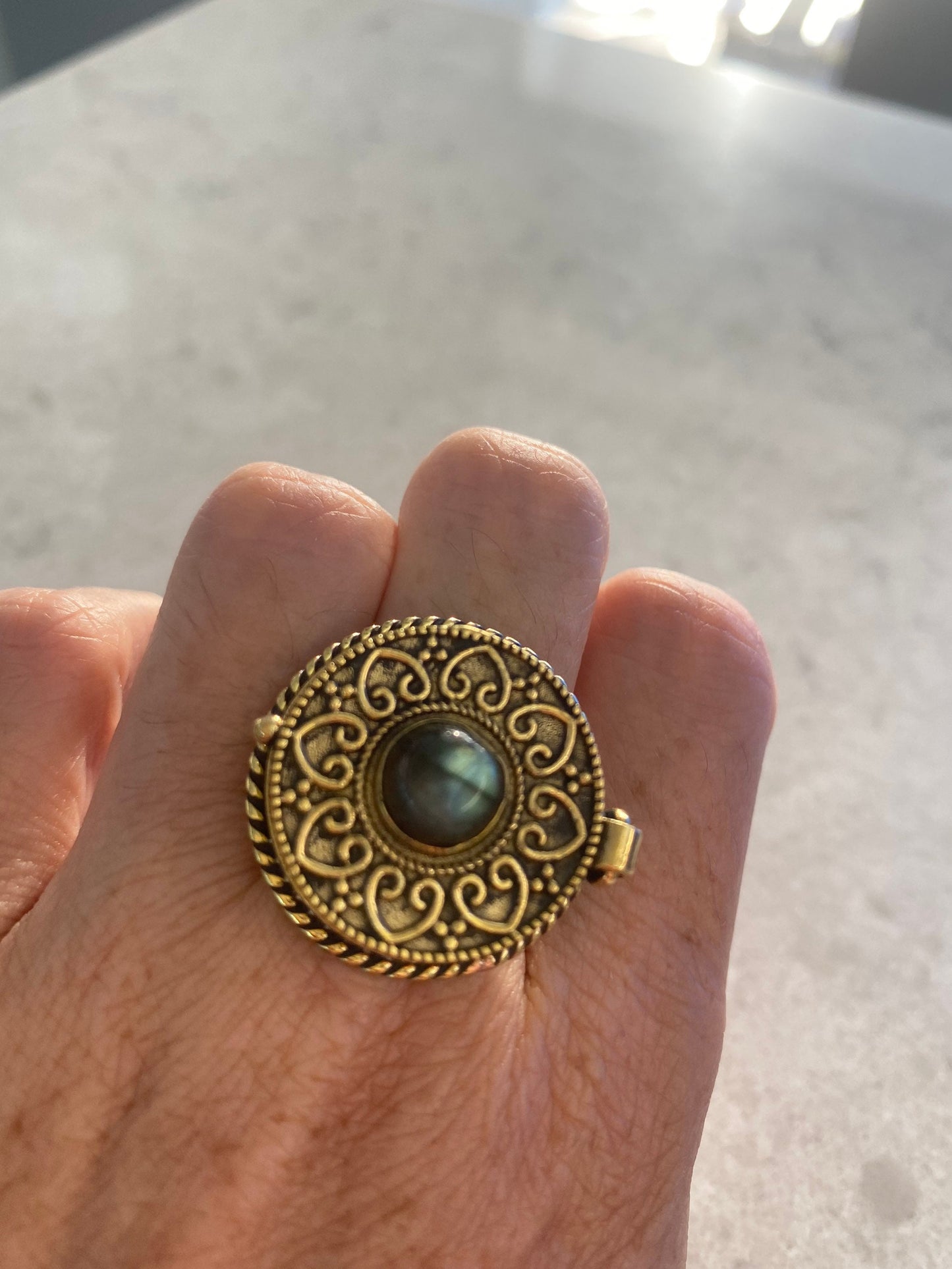 Vintage Rainbow Labradorite Brass Poison Pillbox Ring