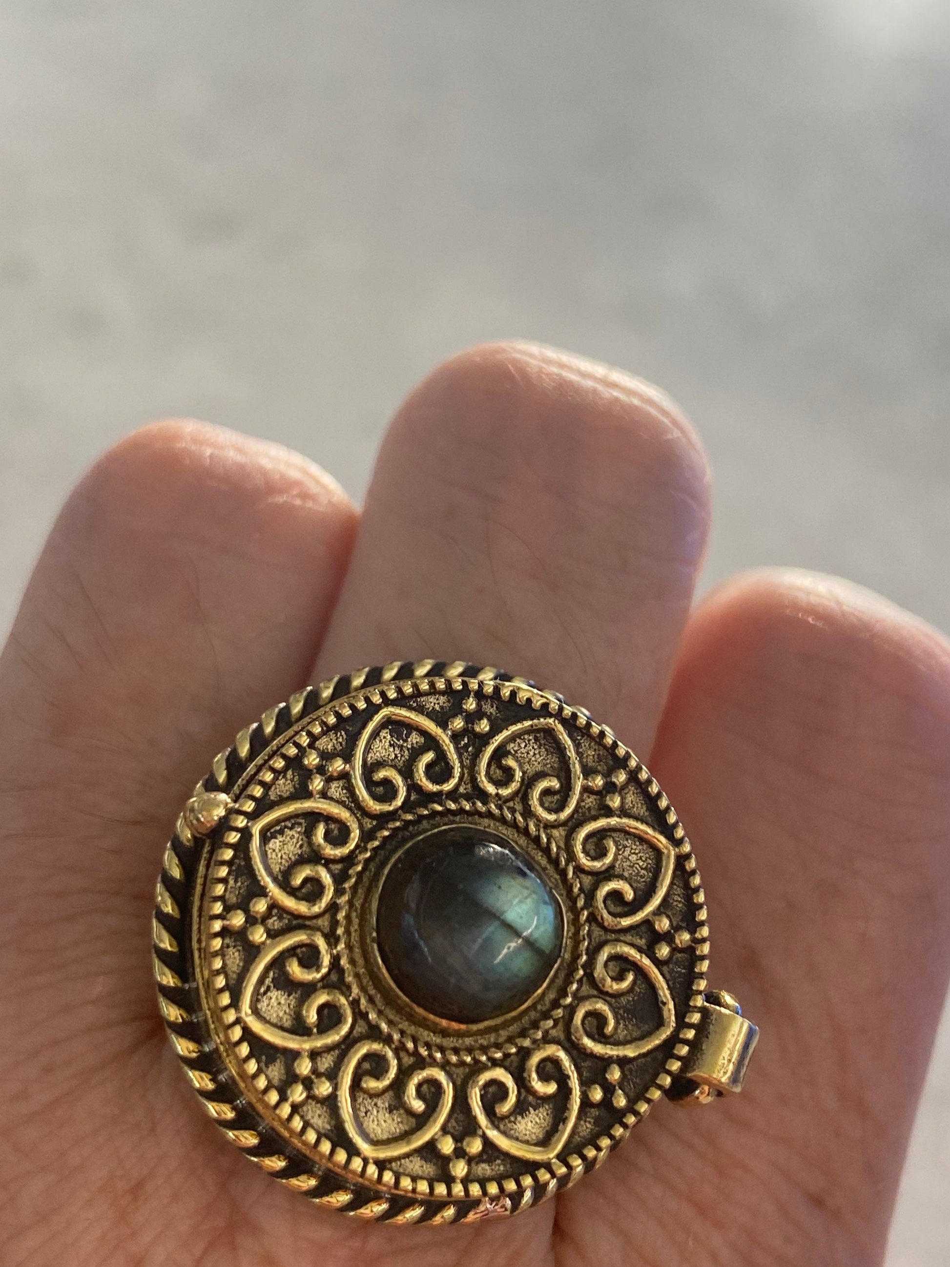 Vintage Rainbow Labradorite Brass Poison Pillbox Ring