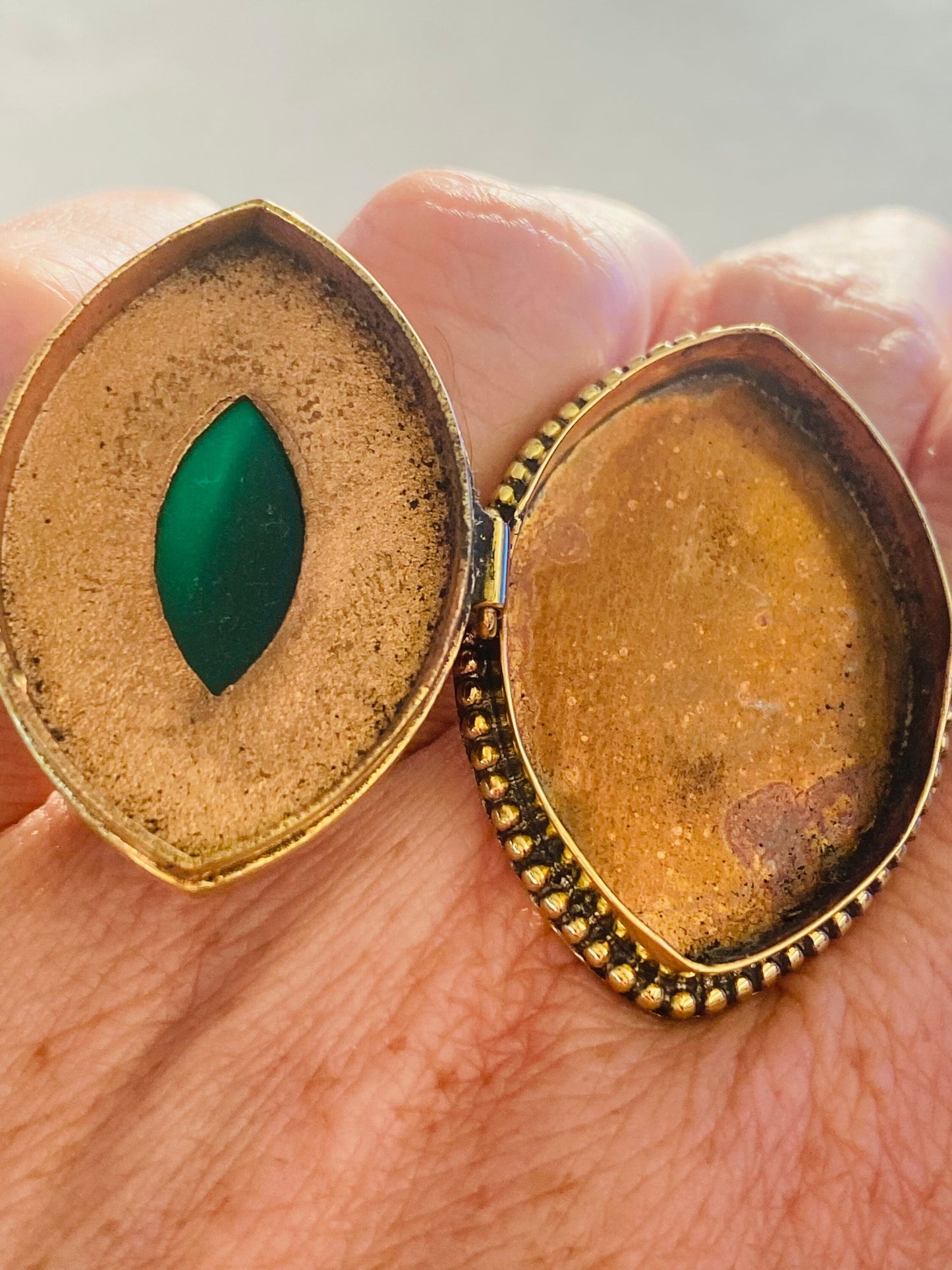 Vintage Green Chrysoprase Brass Poison Pillbox Ring