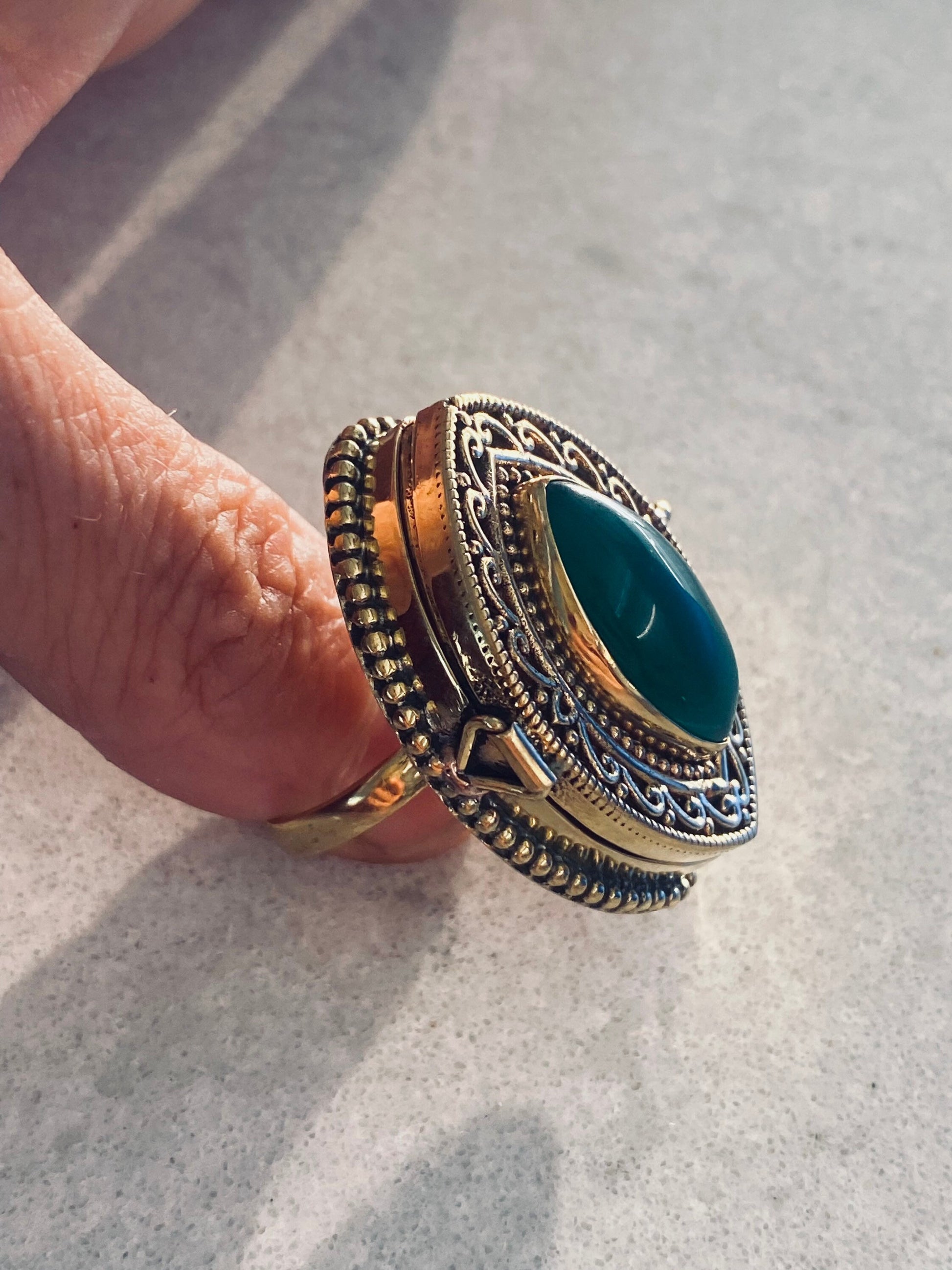 Vintage Green Chrysoprase Brass Poison Pillbox Ring