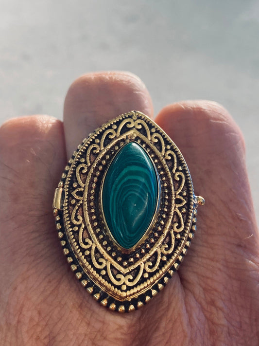 Vintage Green Malachite Brass Poison Pillbox Ring