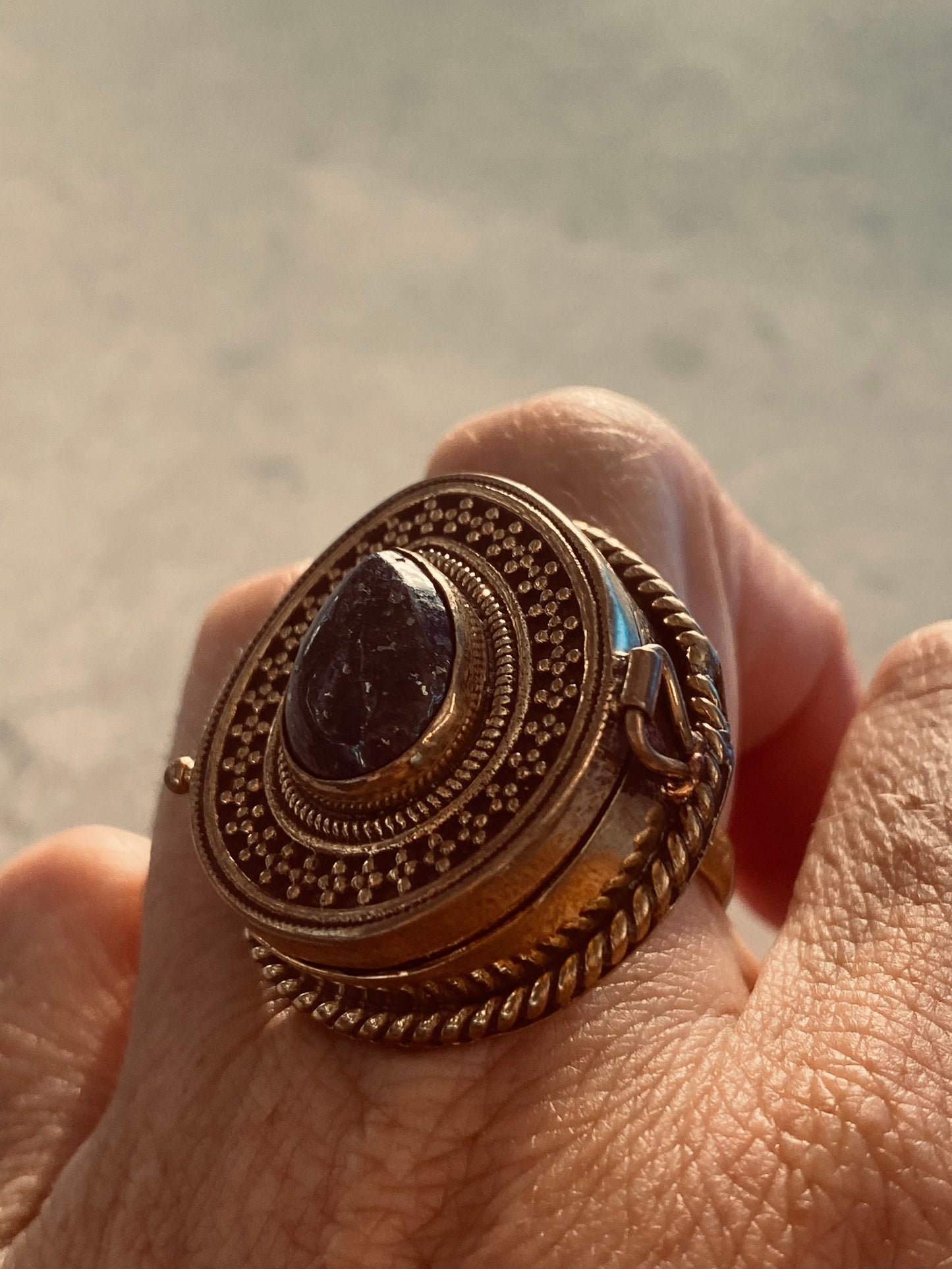 Vintage Blue Lapis Brass Poison Pillbox Ring