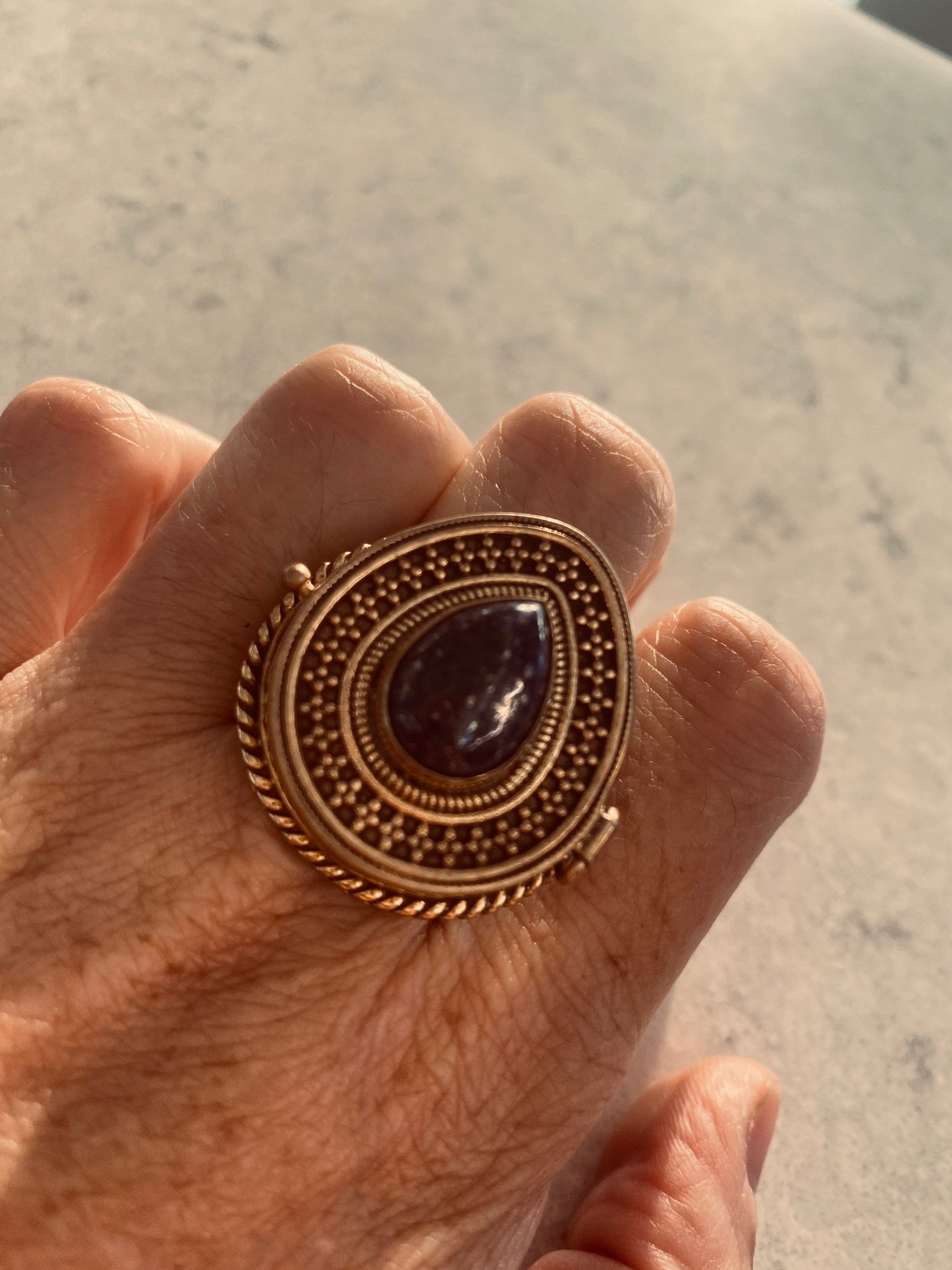 Vintage Blue Lapis Brass Poison Pillbox Ring