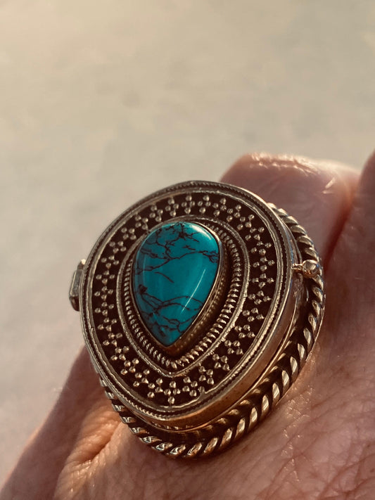 Vintage Turquoise Brass Poison Pillbox Ring