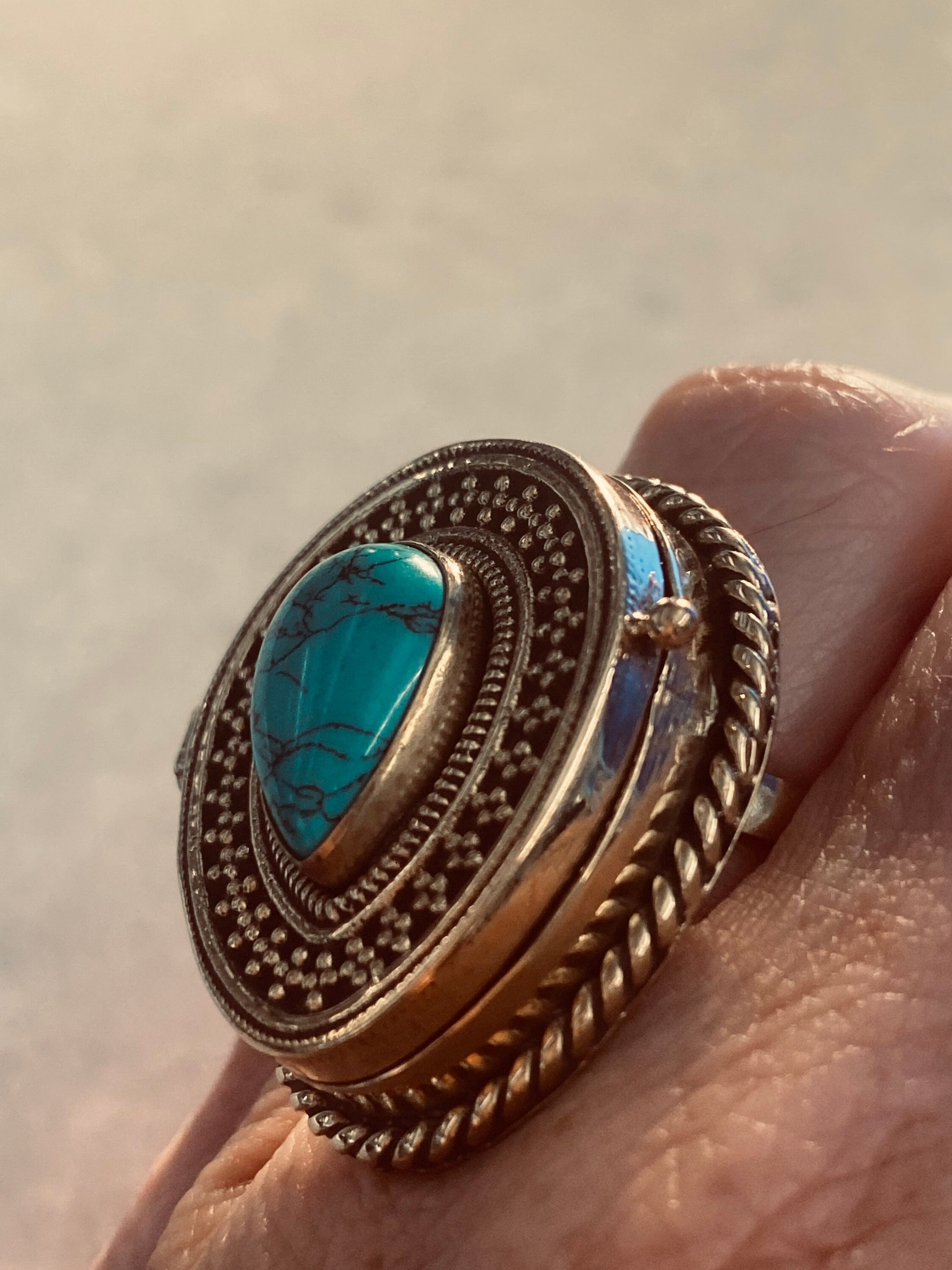 Vintage Turquoise Brass Poison Pillbox Ring