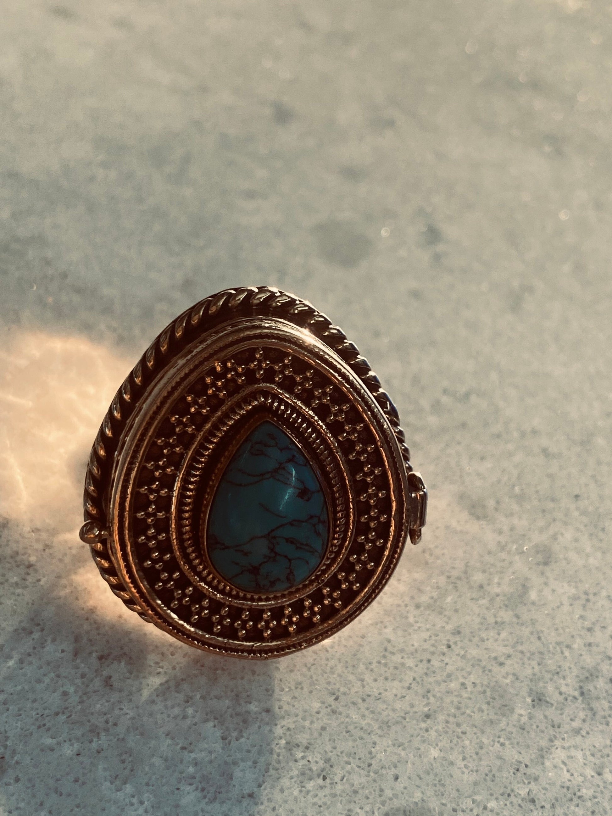 Vintage Turquoise Brass Poison Pillbox Ring