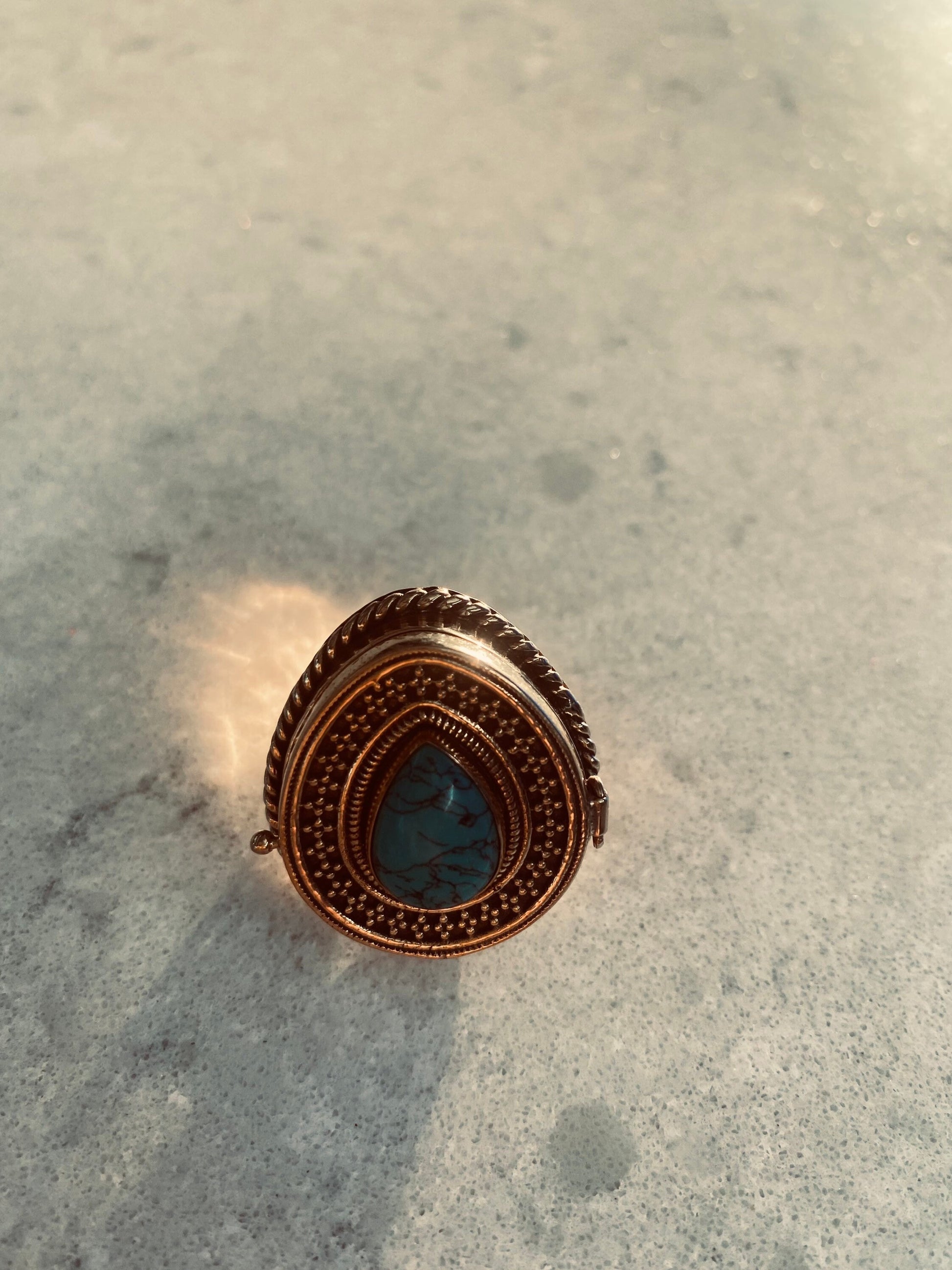 Vintage Turquoise Brass Poison Pillbox Ring