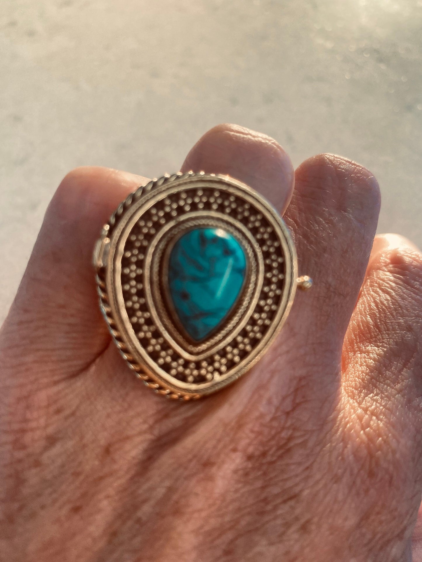 Vintage Turquoise Brass Poison Pillbox Ring