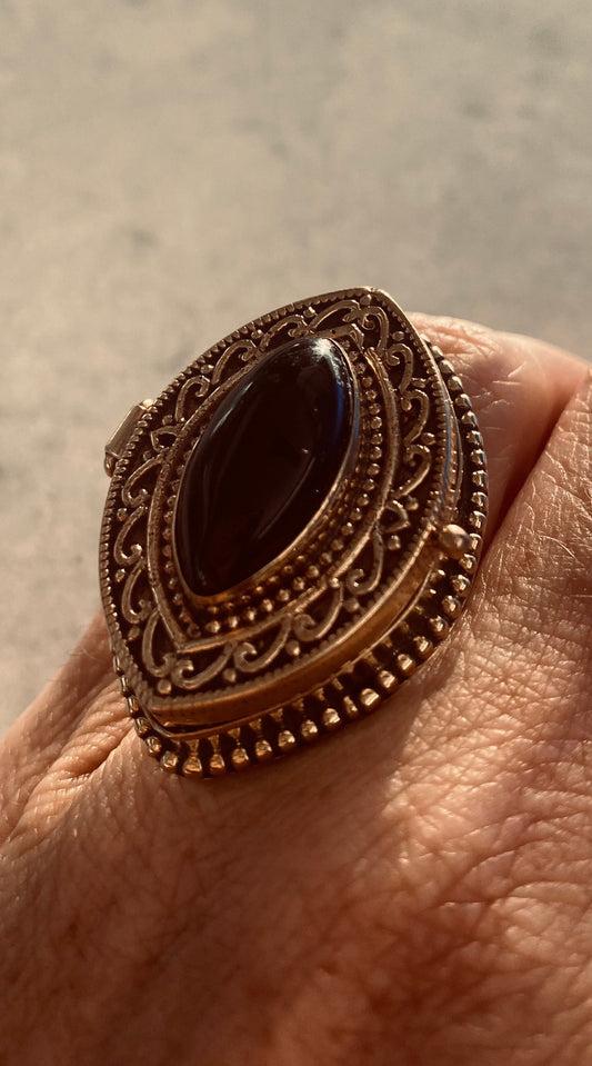 Vintage Black Onyx Brass Poison Pillbox Ring