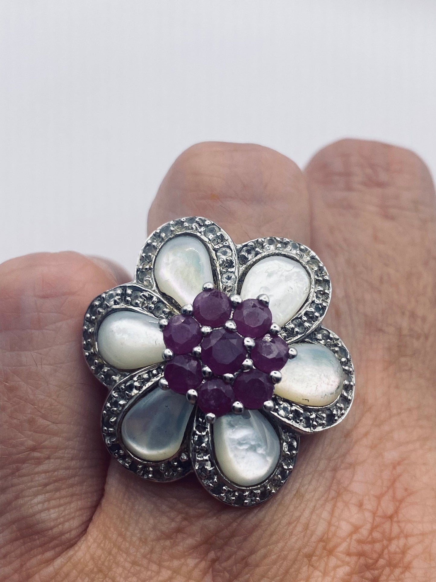 Vintage Pink Ruby Mother of Pearl White Sapphire 925 Sterling Silver Flower Ring