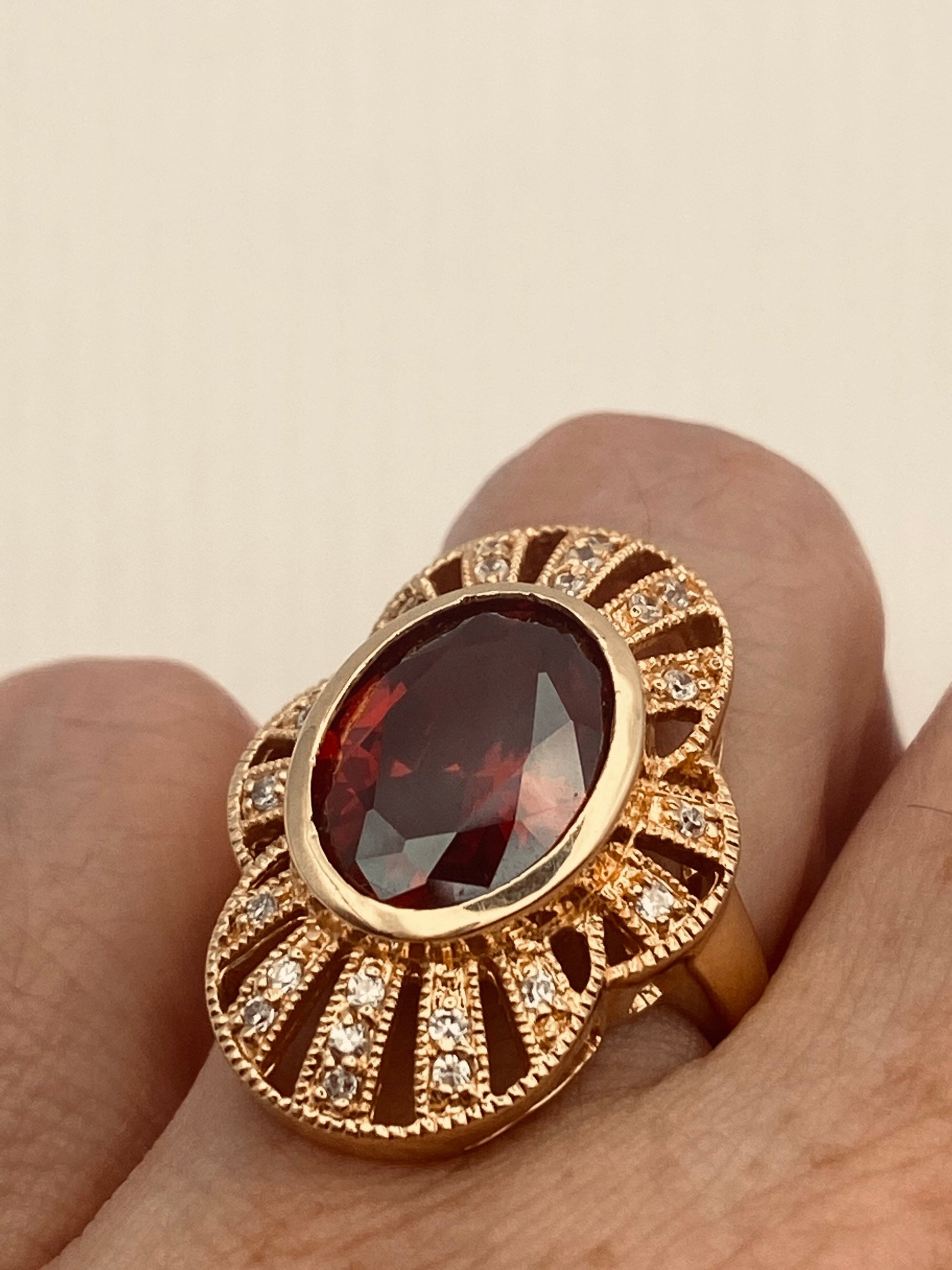 Vintage Red Bohemian Garnet Ring Golden 925 Sterling Silver Size 6