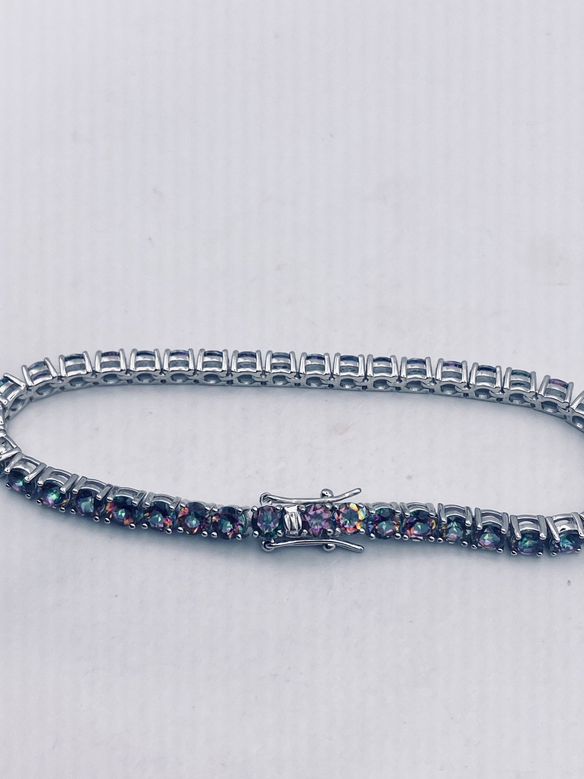 Vintage Mystic Blue Topaz 925 Sterling Silver Tennis Bracelet