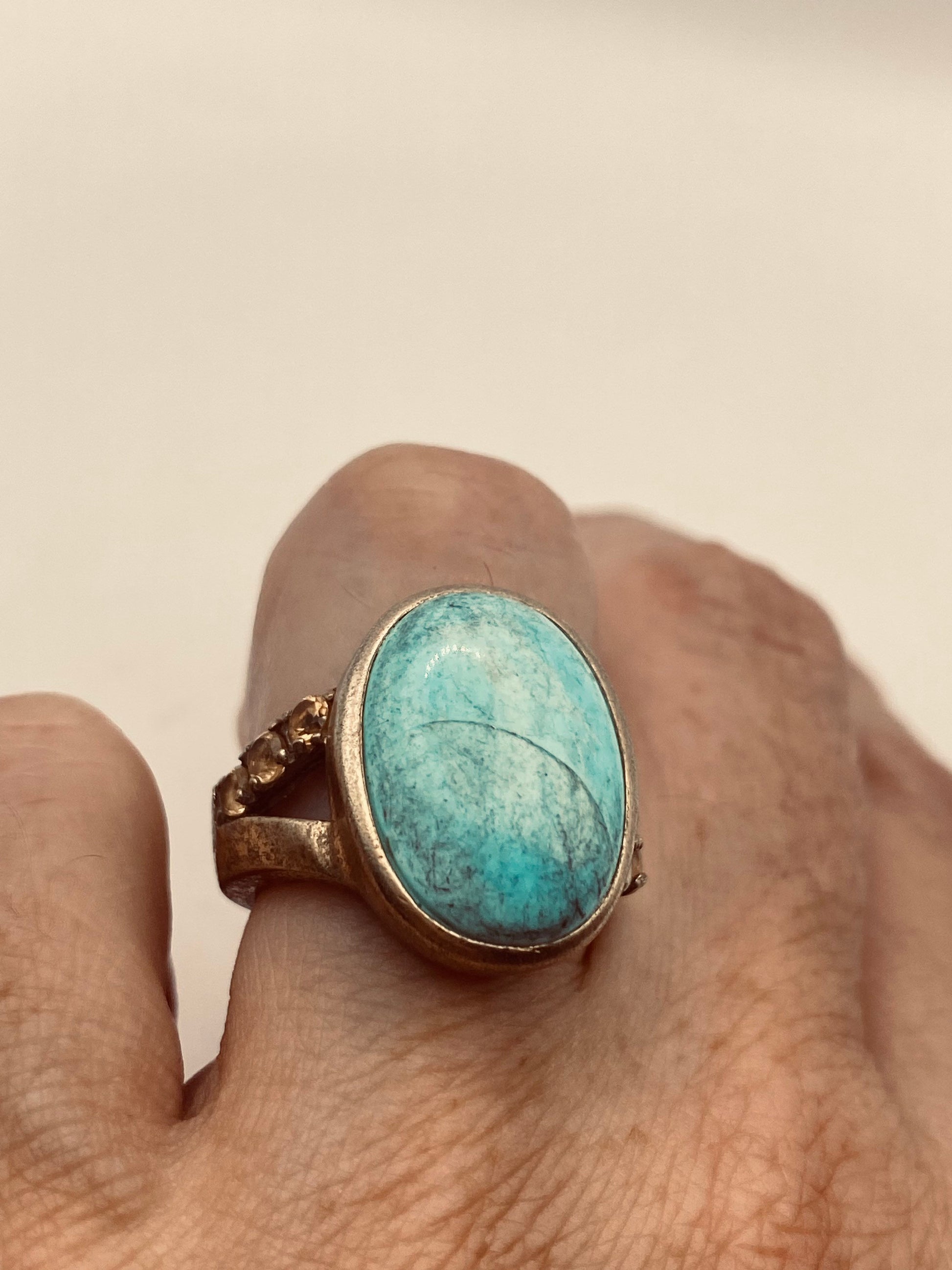 Vintage Blue Larimar Ring Golden 925 Sterling Silver