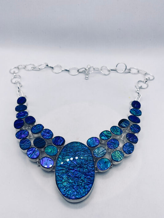 Vintage Opal Glass Choker Silver Collar Bib Necklace