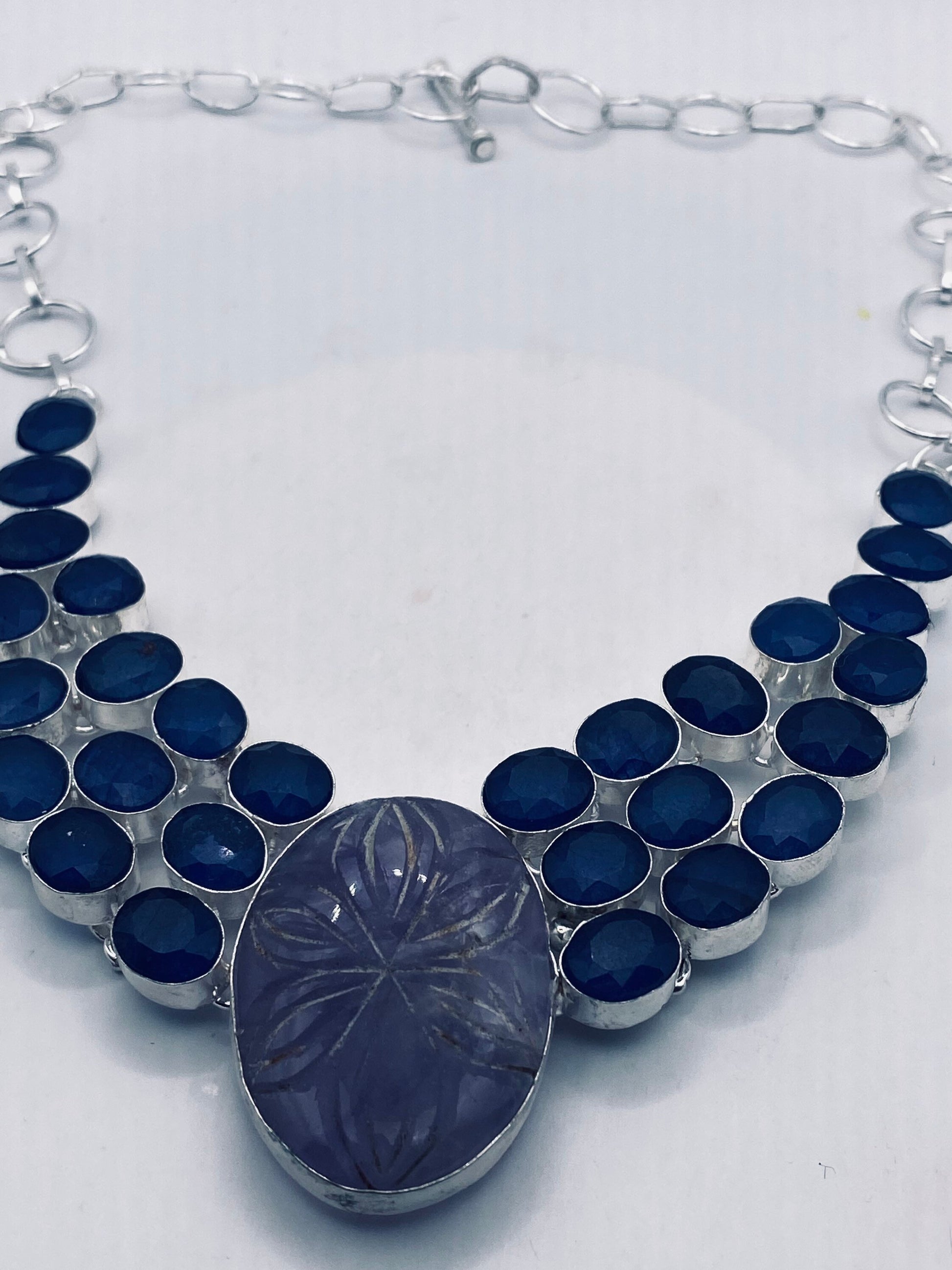 Vintage Blue Sodalite Colbolt Glass Choker Silver Collar Bib Necklace