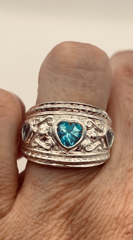 Vintage Blue Topaz Heart Band 925 Sterling Silver Ring Size 6