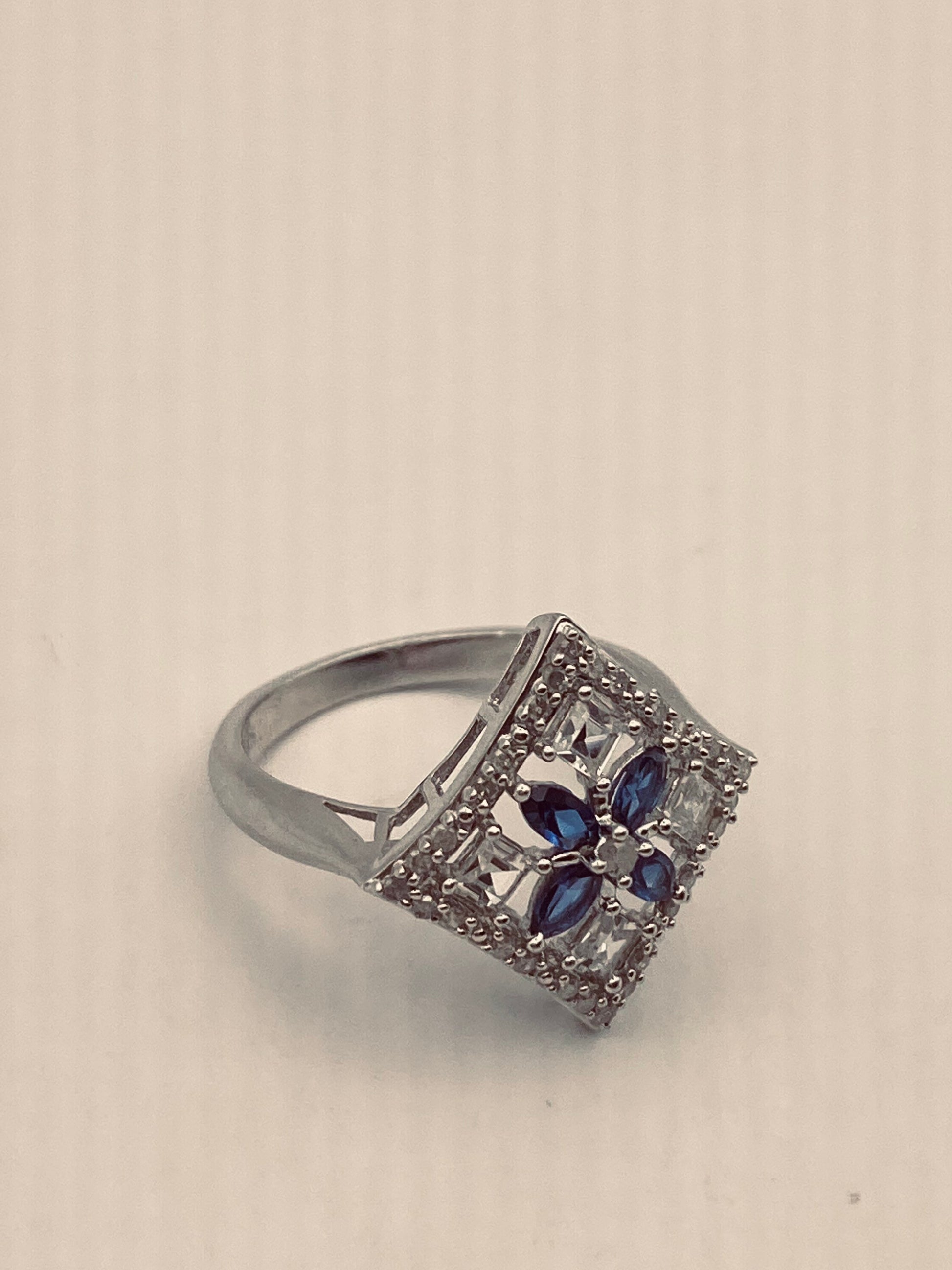 Vintage Blue Sapphire and White 925 Sterling Silver Gothic Ring