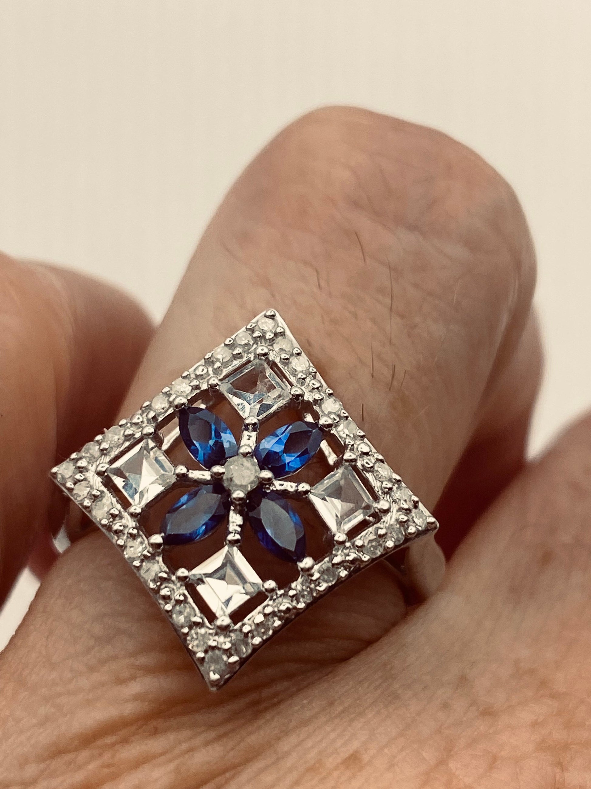 Vintage Blue Sapphire and White 925 Sterling Silver Gothic Ring