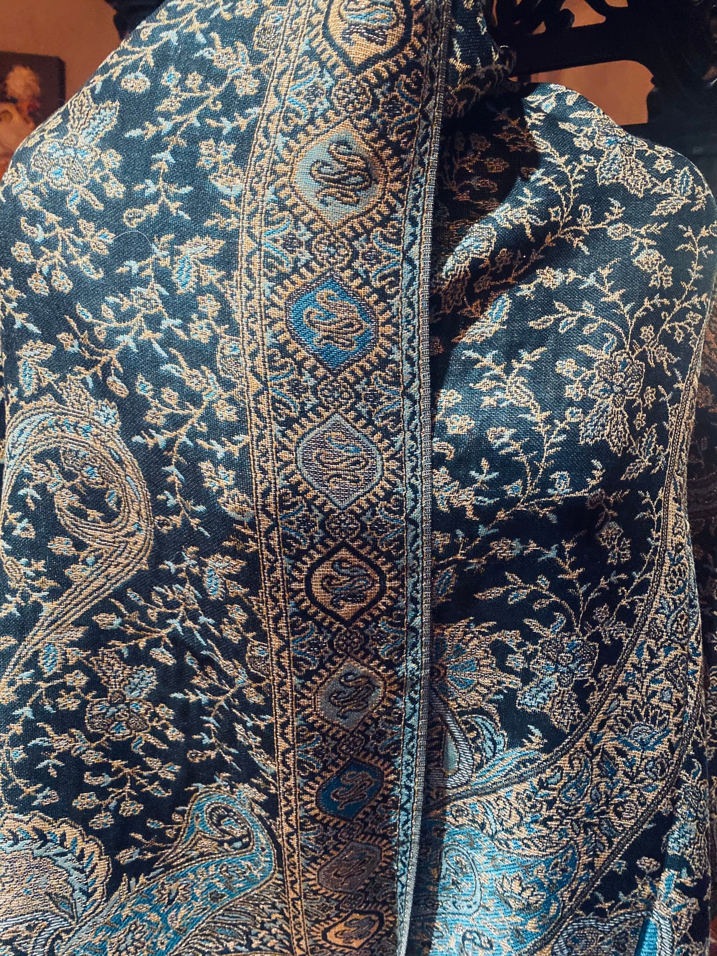 Jamawar Blue Gold Paisley Brocade Pashmina Scarf Wrap Shawl