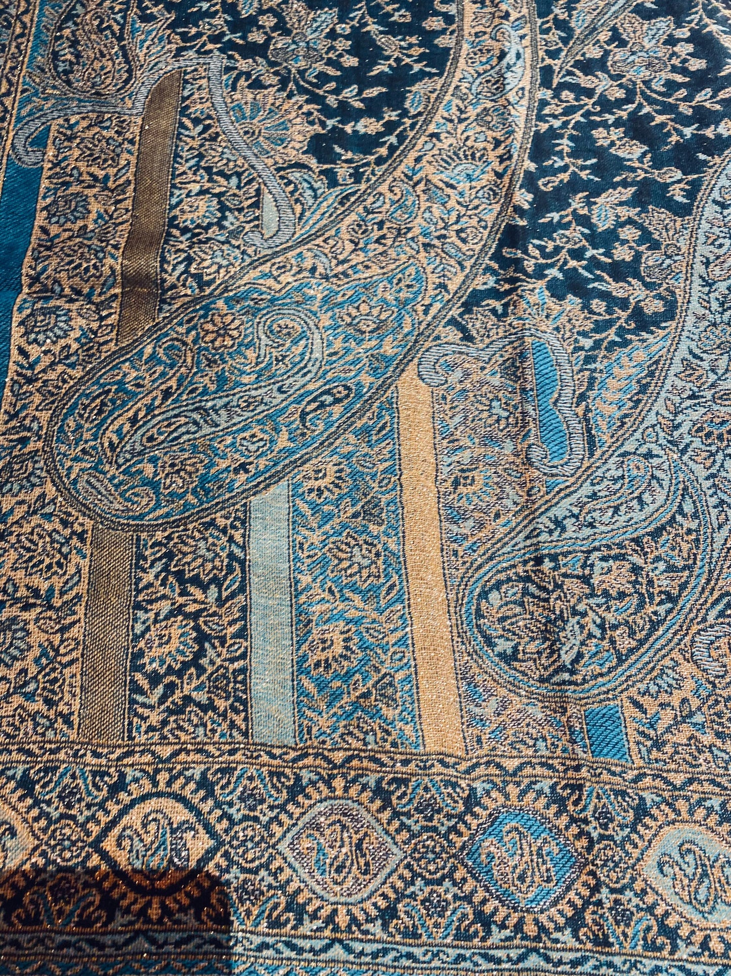 Jamawar Blue Gold Paisley Brocade Pashmina Scarf Wrap Shawl