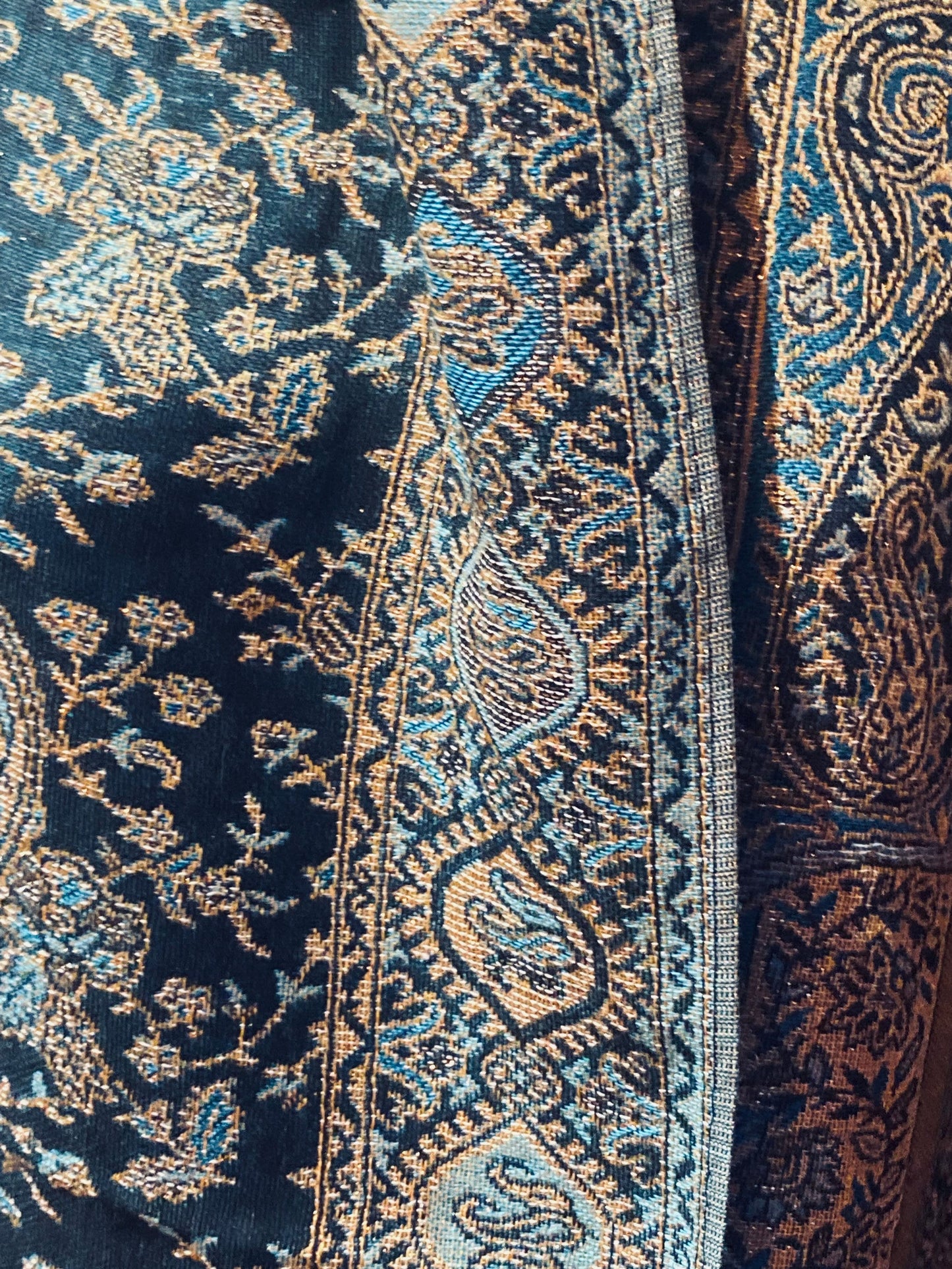 Jamawar Blue Gold Paisley Brocade Pashmina Scarf Wrap Shawl