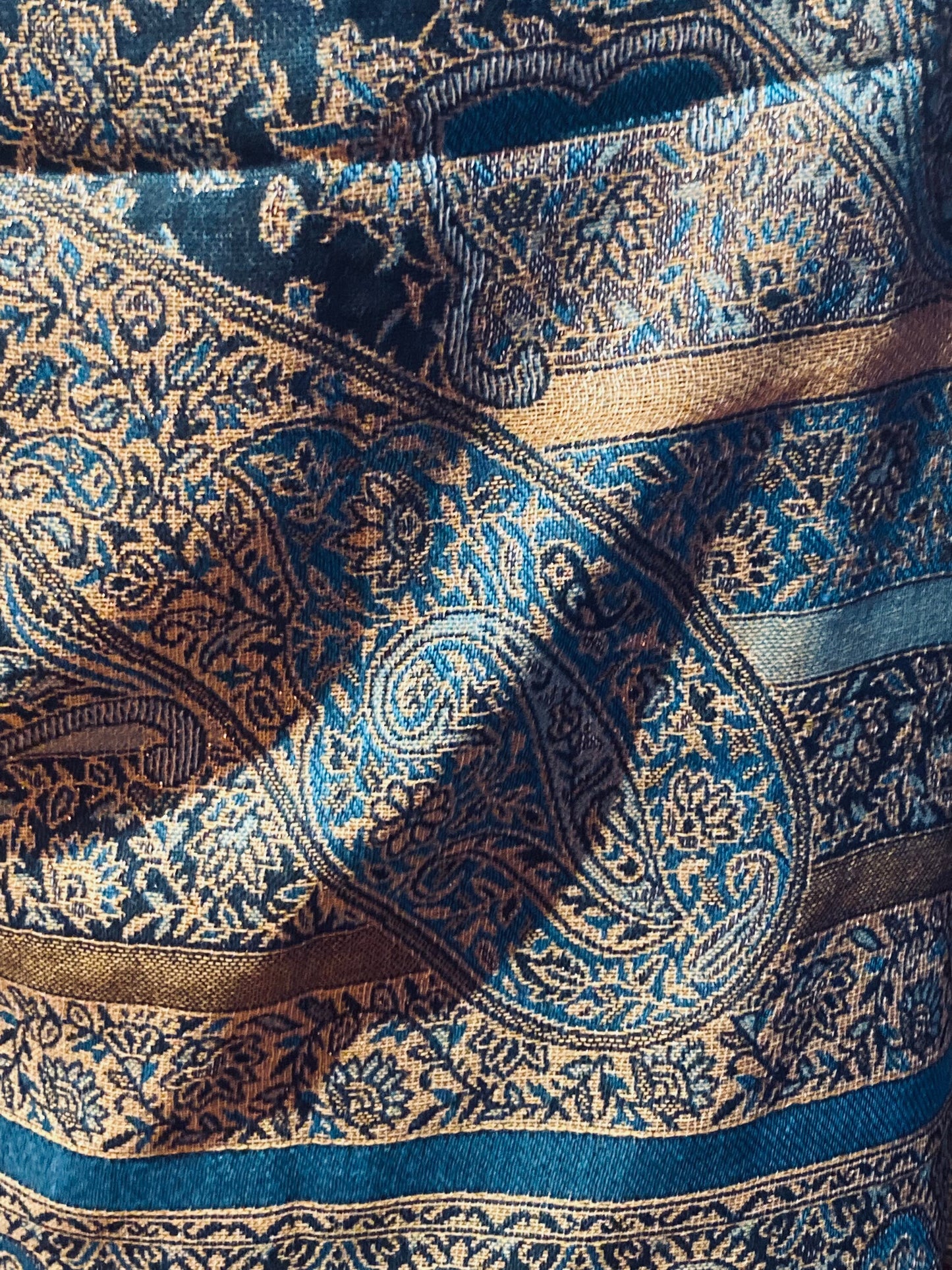 Jamawar Blue Gold Paisley Brocade Pashmina Scarf Wrap Shawl