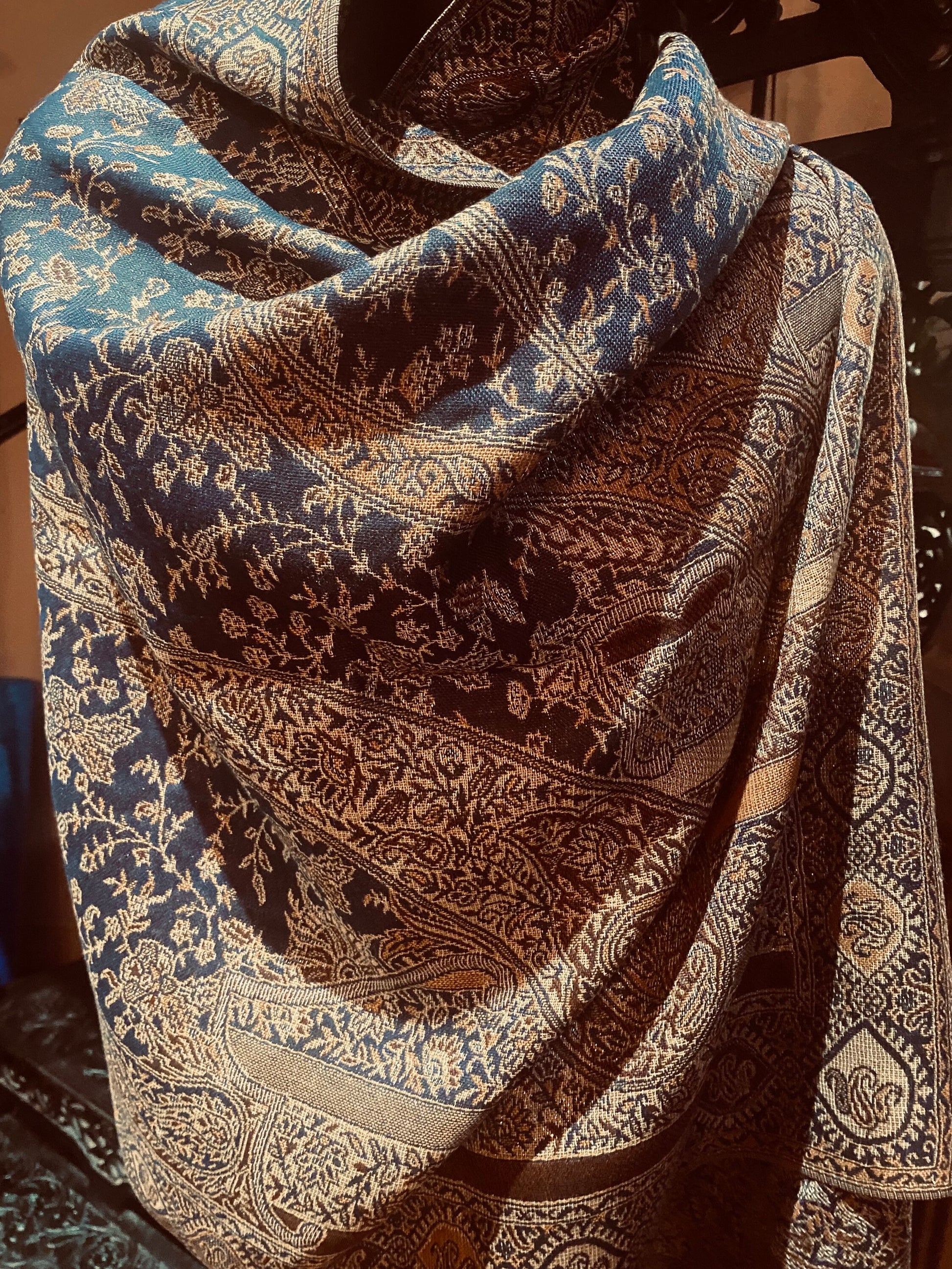 Jamawar Blue Gold Paisley Brocade Pashmina Scarf Wrap Shawl