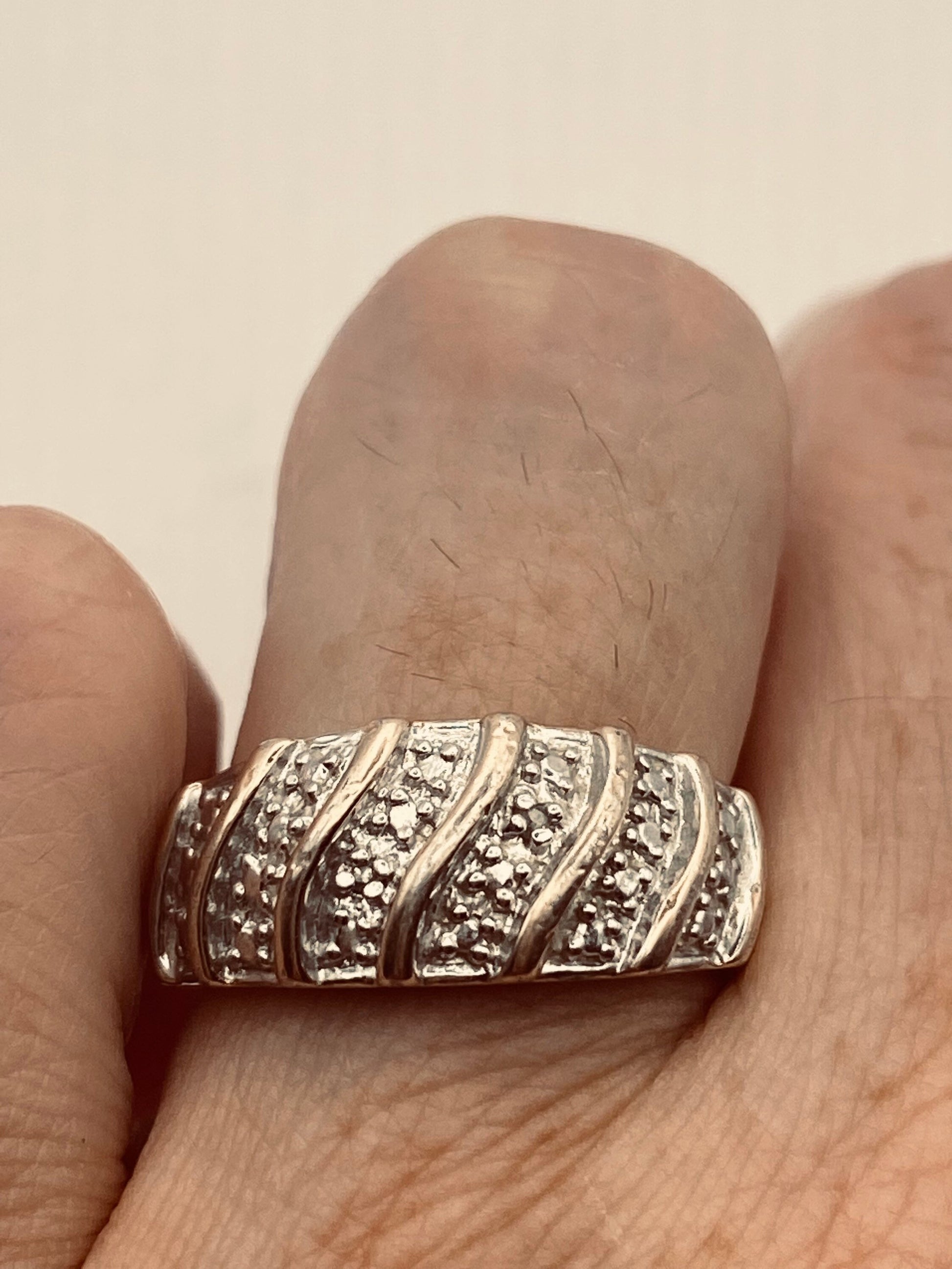 Vintage Diamond Golden 925 Sterling Silver Wedding Band Ring