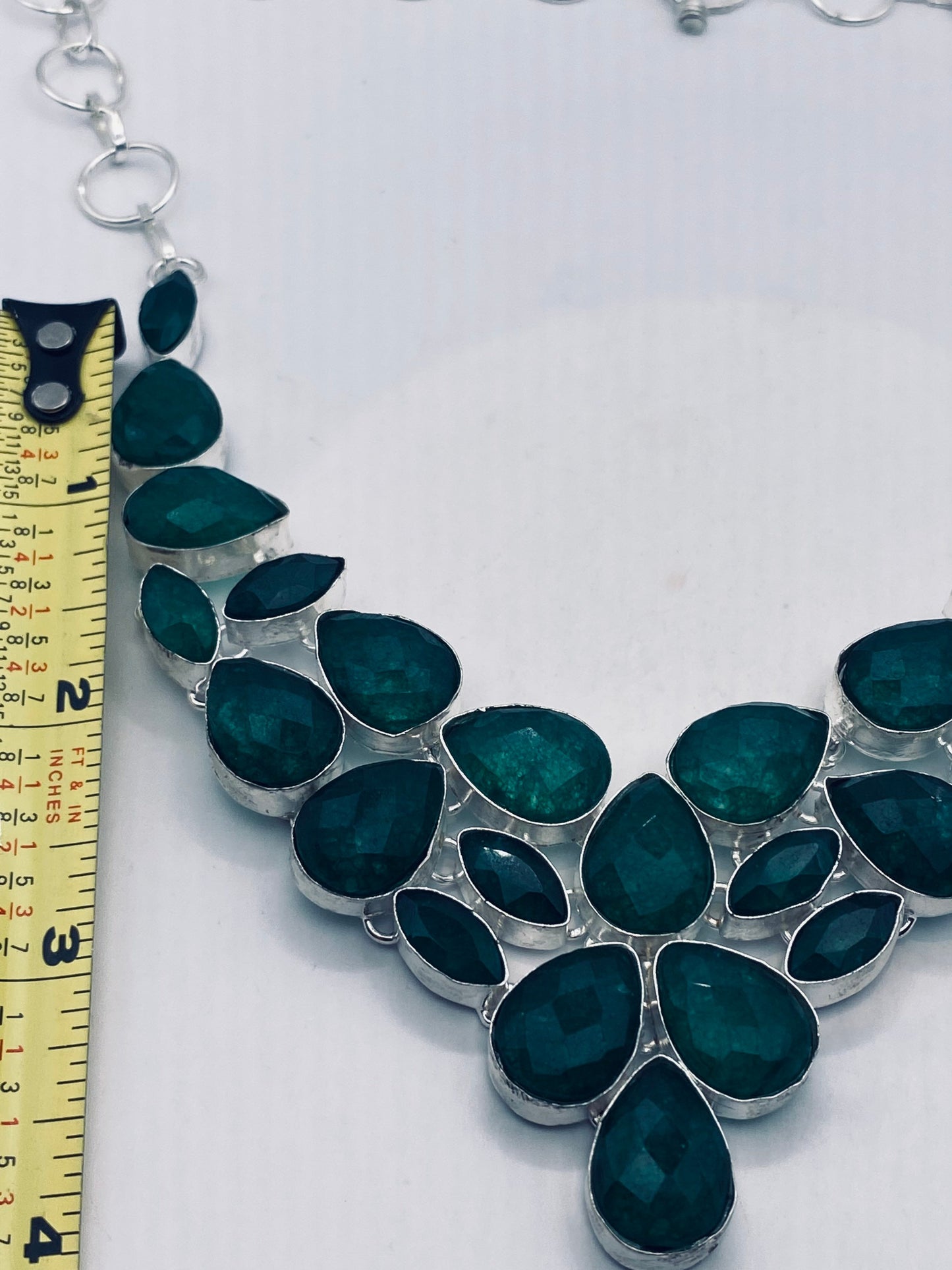 Vintage Green Carved Raw Emerald Choker Silver Collar Bib Necklace