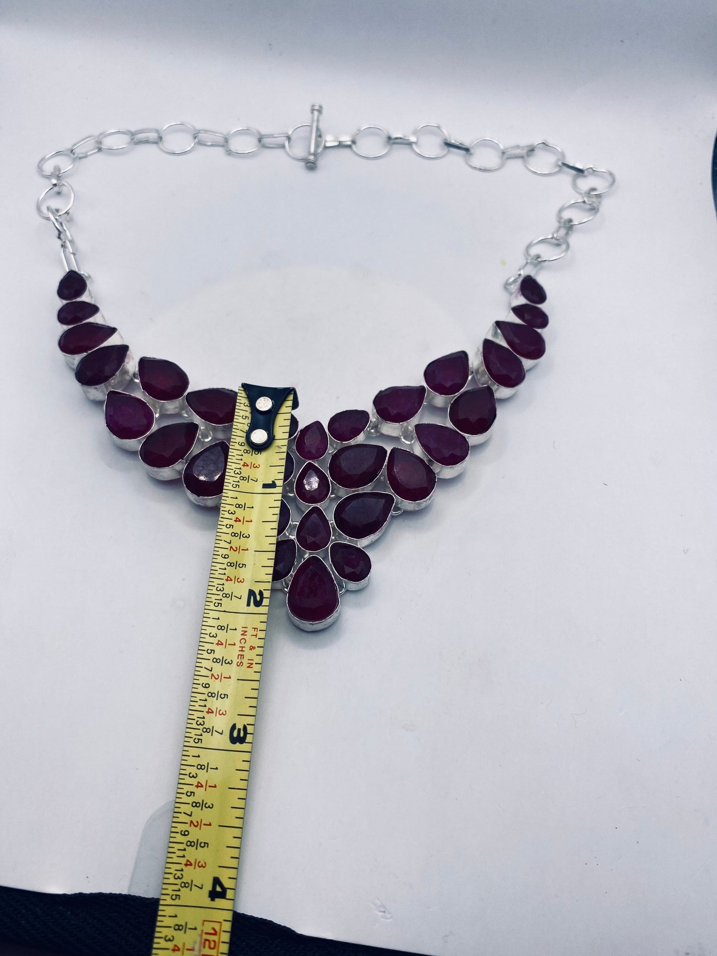 Vintage Red Carved Raw Ruby Choker Silver Collar Bib Necklace