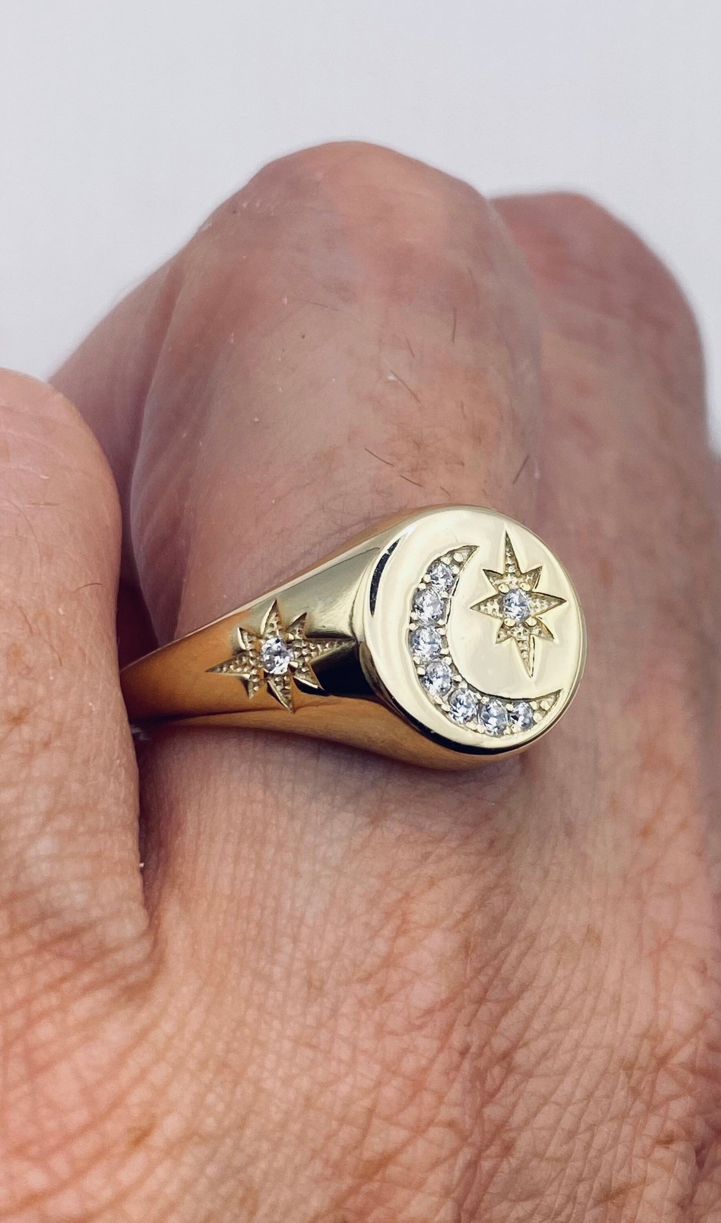 Vintage Muslim Star Crescent Moon Band Golden 925 Sterling Silver Ring