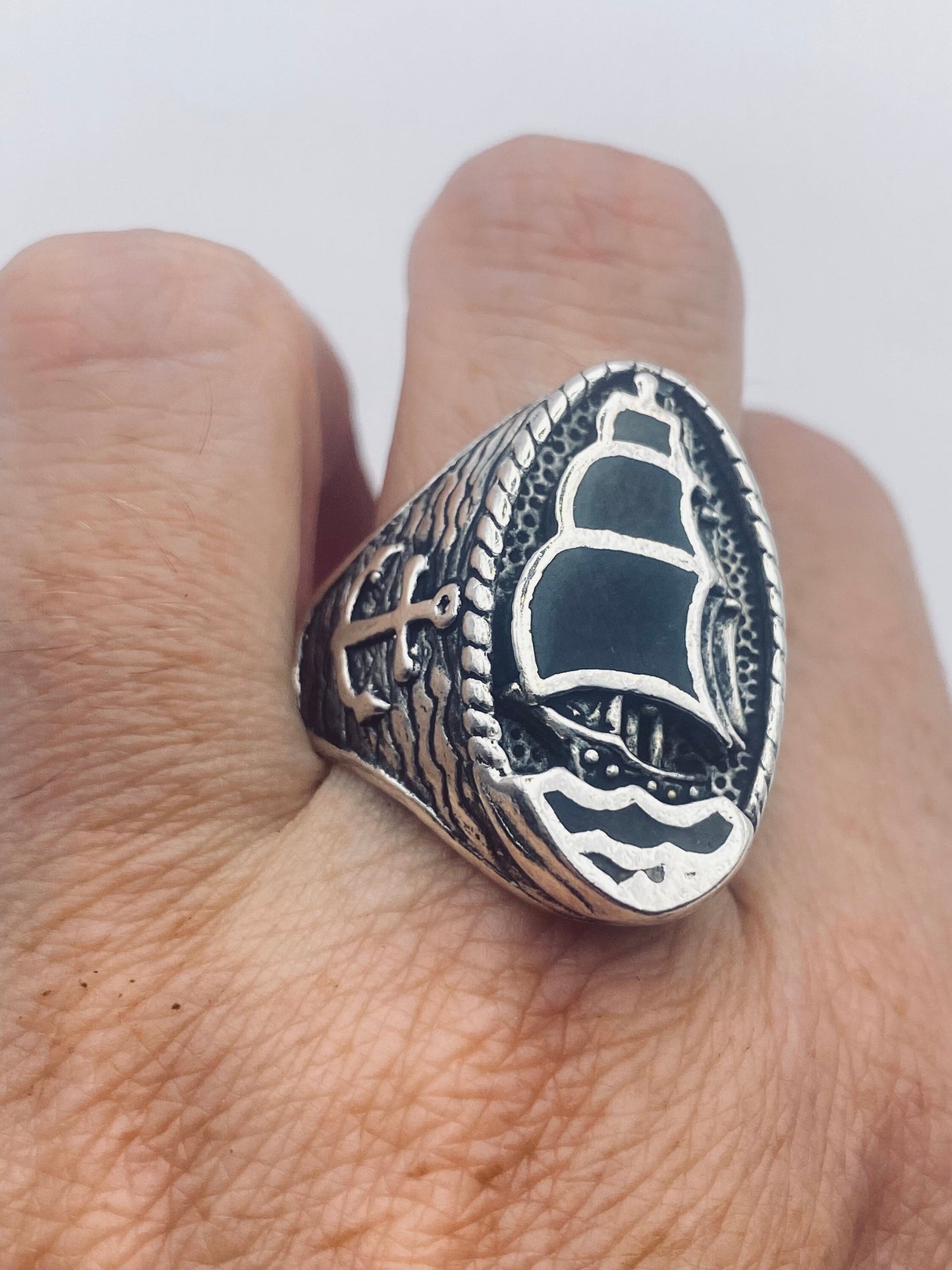 Vintage Southwestern Black Onyx Inlay Sailboat Ship Mens Ring