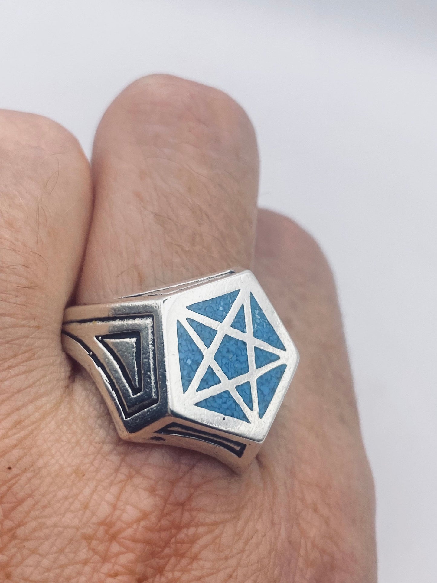 Vintage Gothic Blue Turquoise Pentacle Star Mens Ring