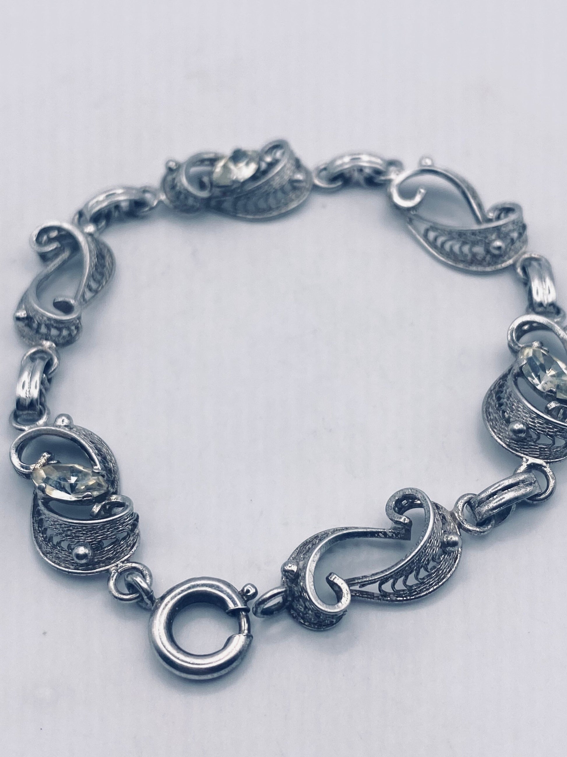 Vintage 925 Sterling Silver Filigree Clear Crystal Bracelet