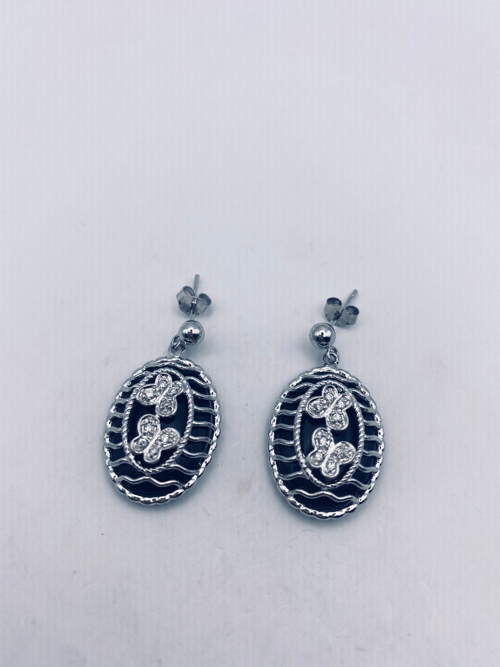 Vintage White Sapphire Butterfly 925 Sterling Silver Filligree Black Onyx Dangle Earrings