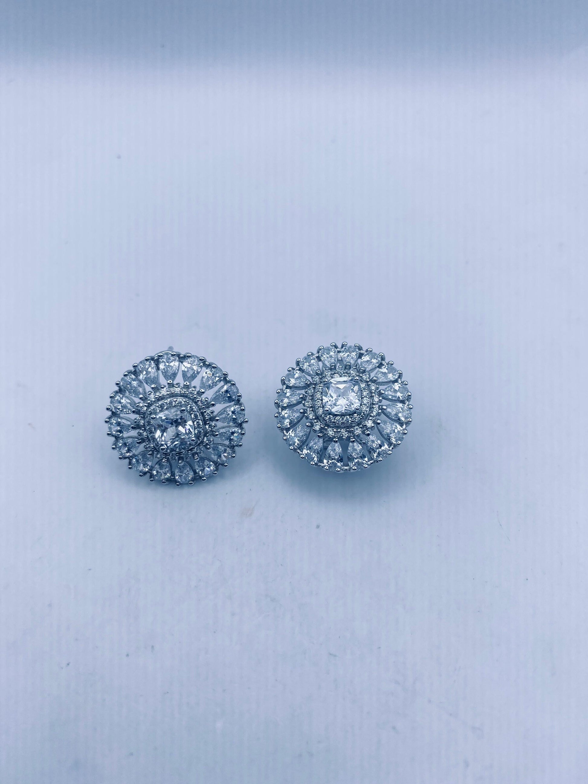 Vintage Sterling Silver diamond look Gemstone Button Earrings