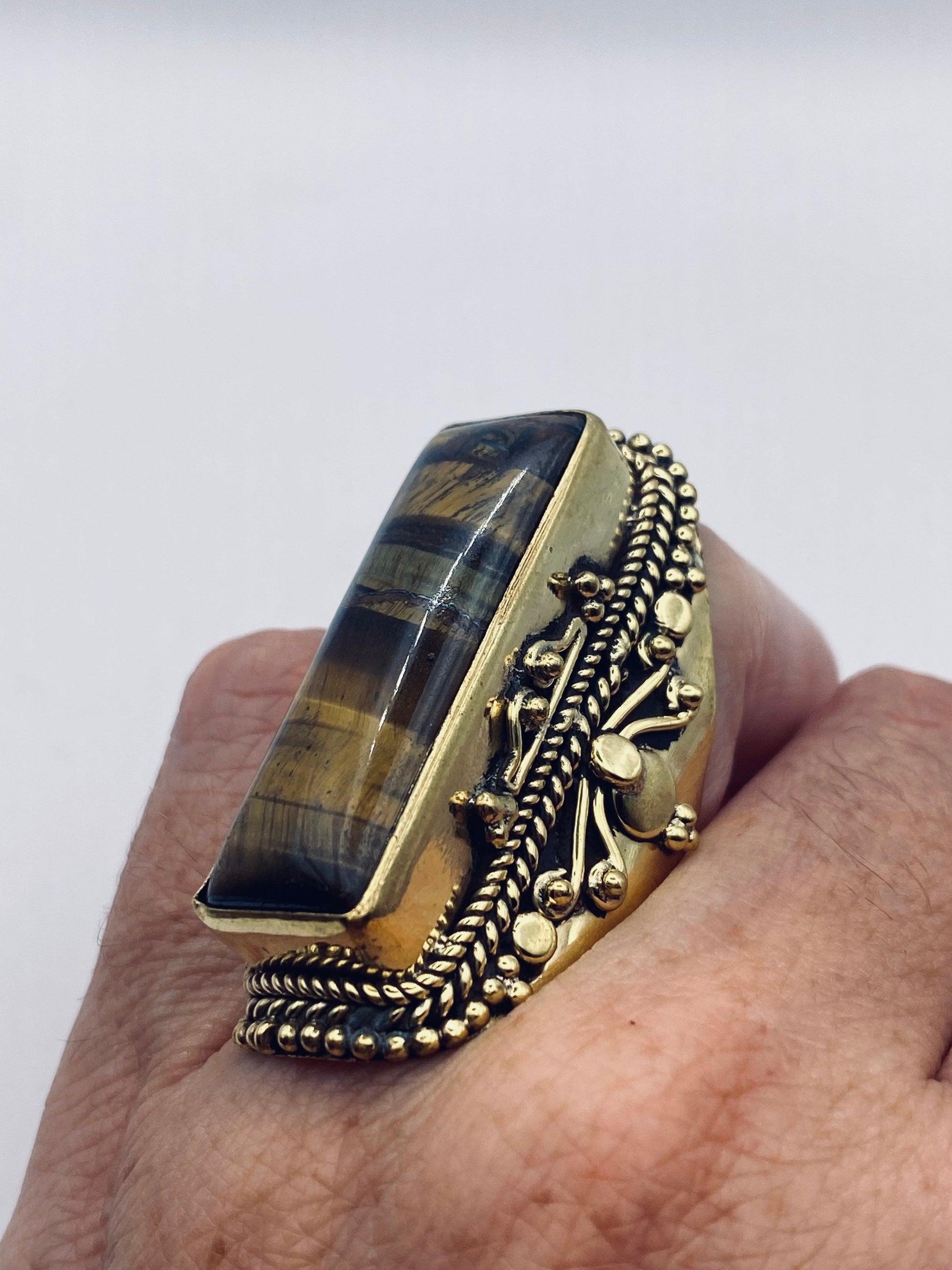 Vintage Tigers Eye Stone Gold Bronze Cocktail Ring