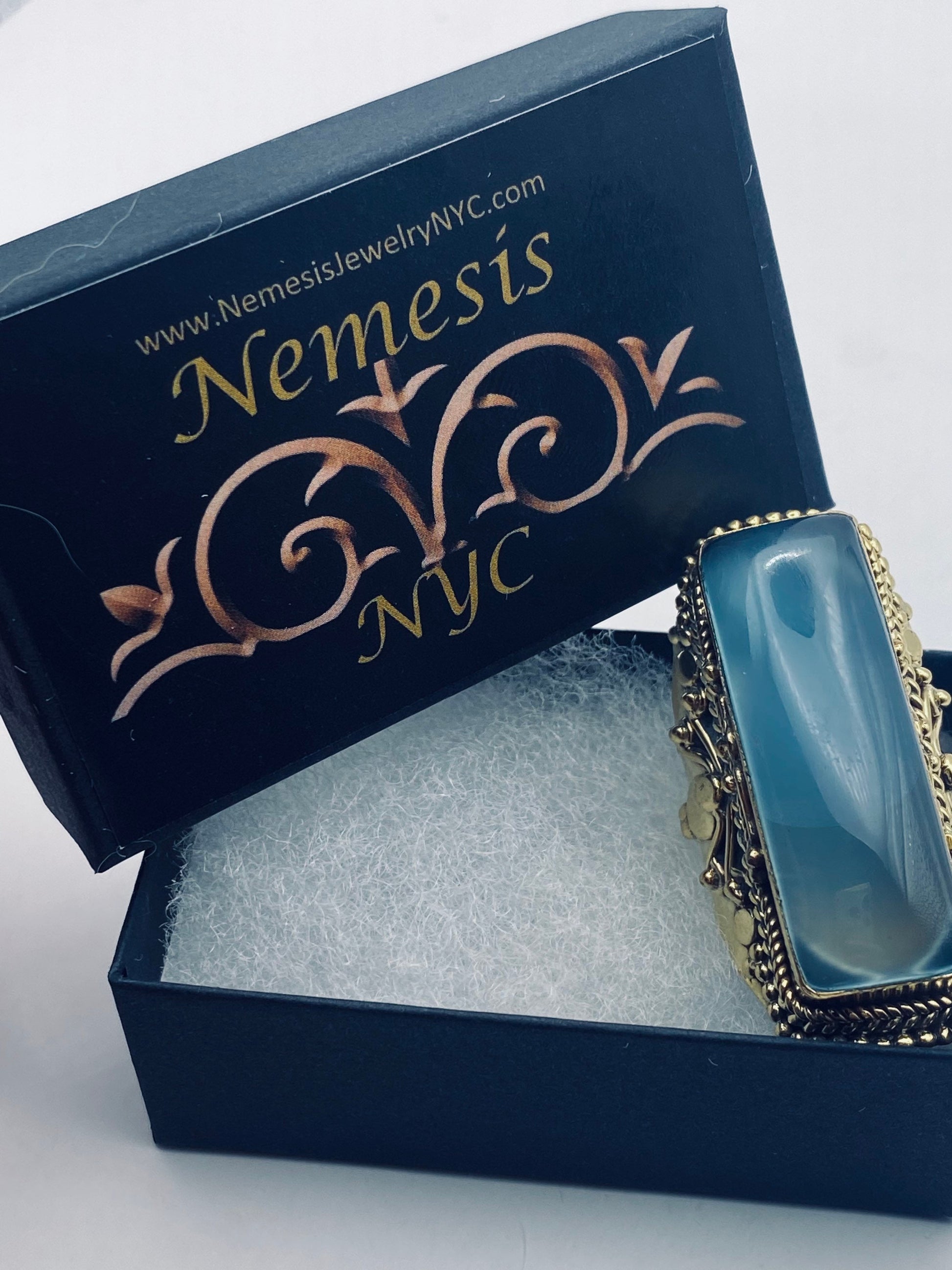 Vintage Blue Chalcedony gold bronze Ring Statement Cocktail Size 8.5