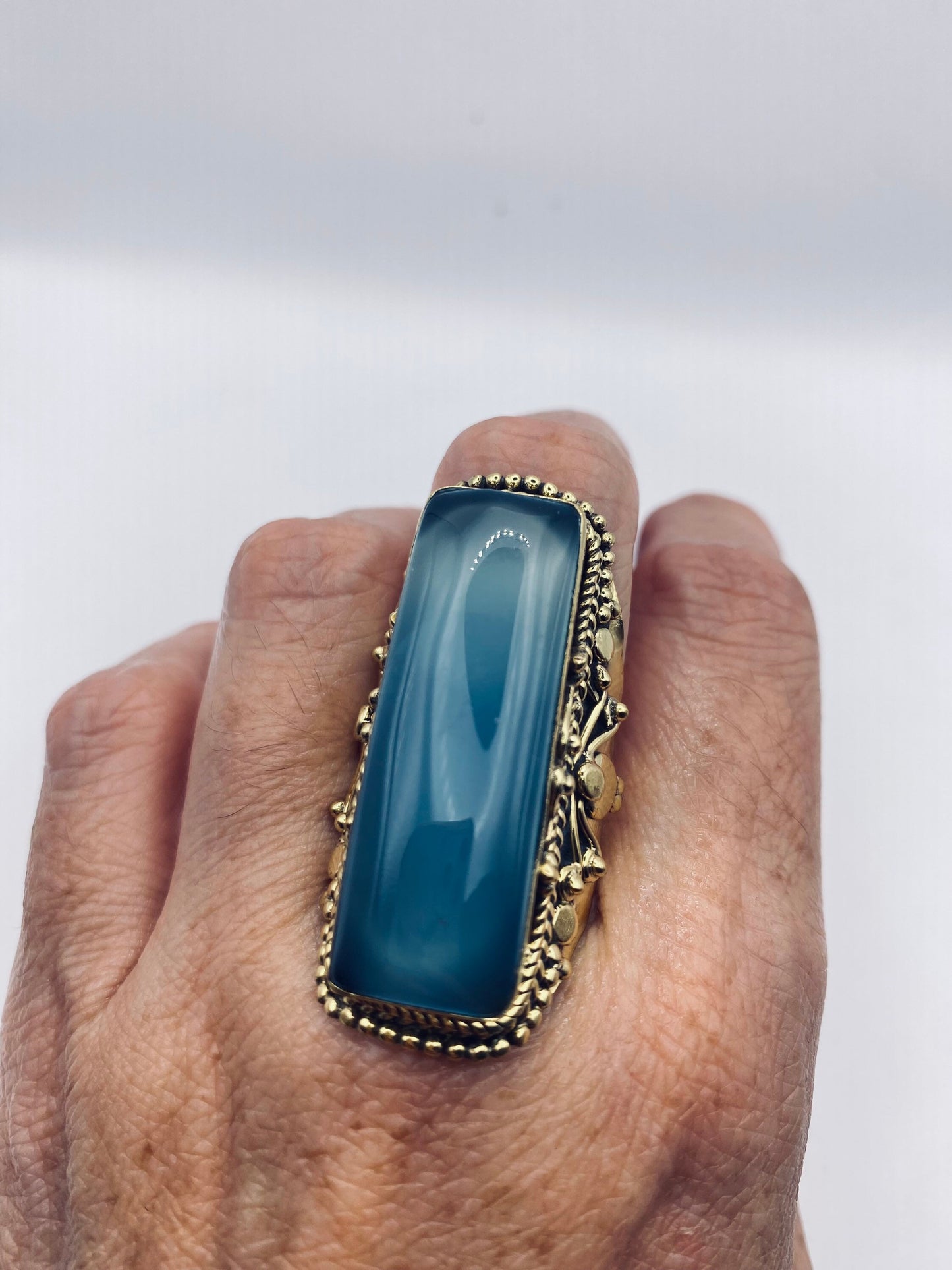 Vintage Blue Chalcedony gold bronze Ring Statement Cocktail Size 8.5